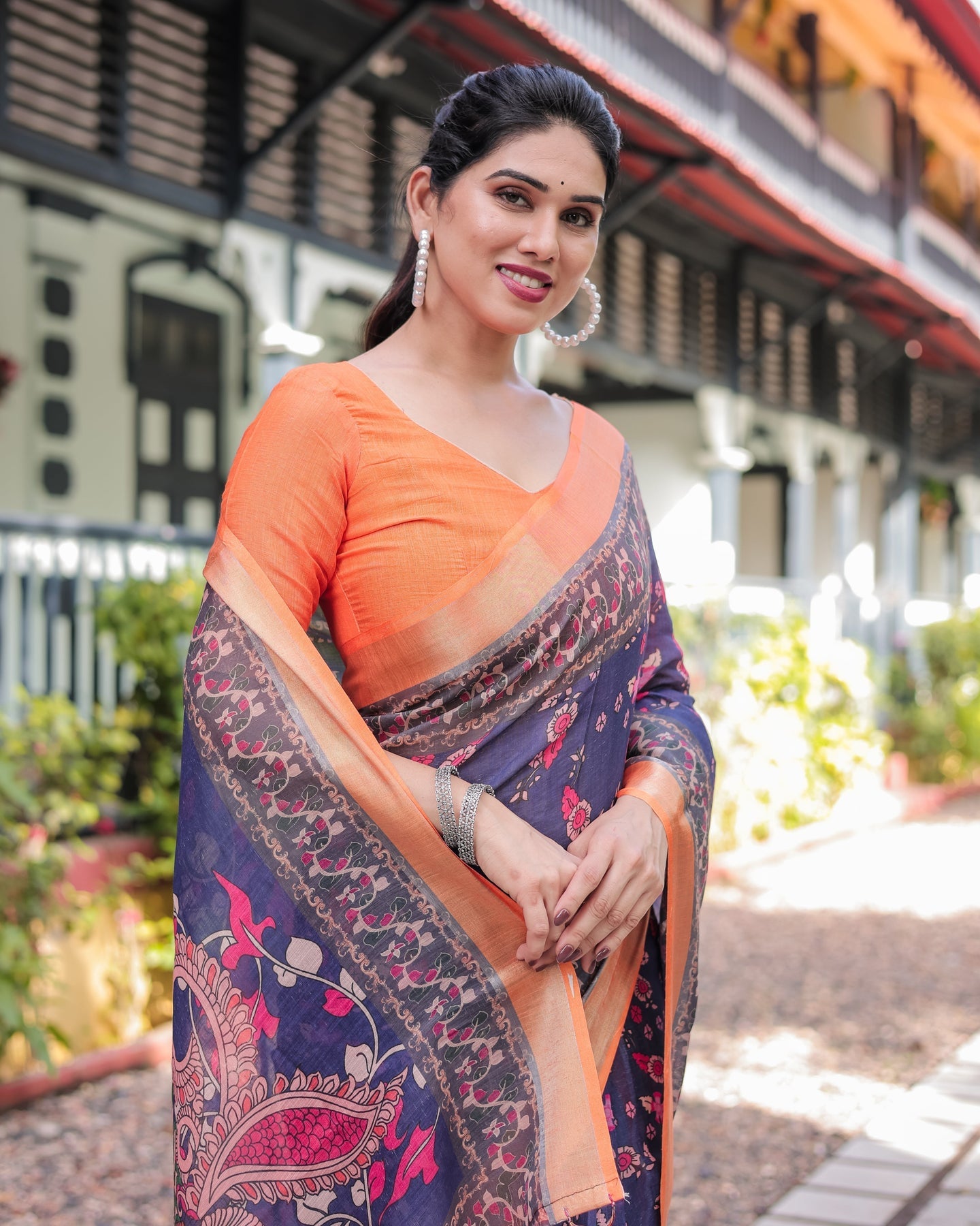 Navy Blue & Peach Floral Linen Saree | Shaadigruh SD1051