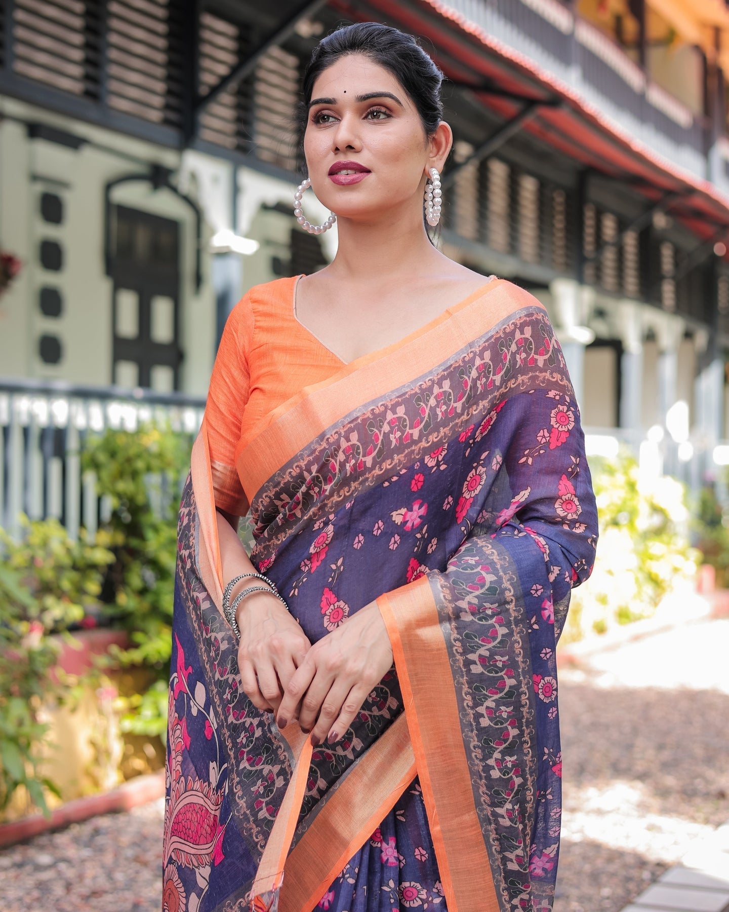 Navy Blue & Peach Floral Linen Saree | Shaadigruh SD1051