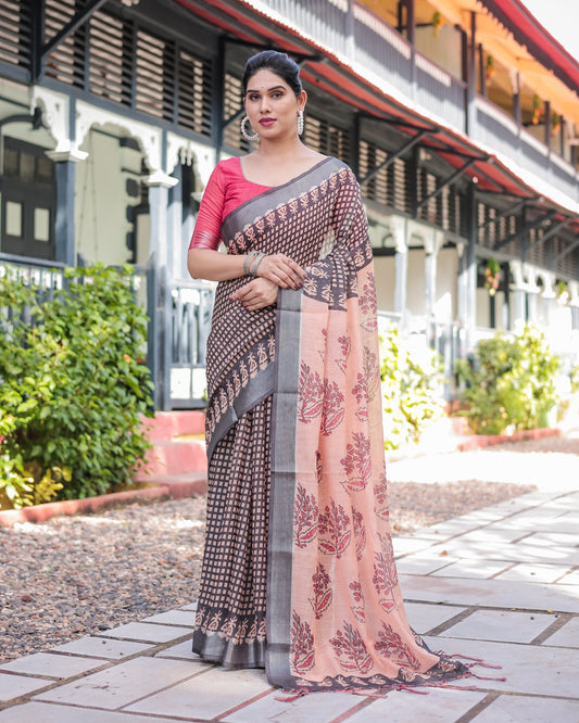 Grey Peach Printed Linen Saree | Shaadigruh SD1047
