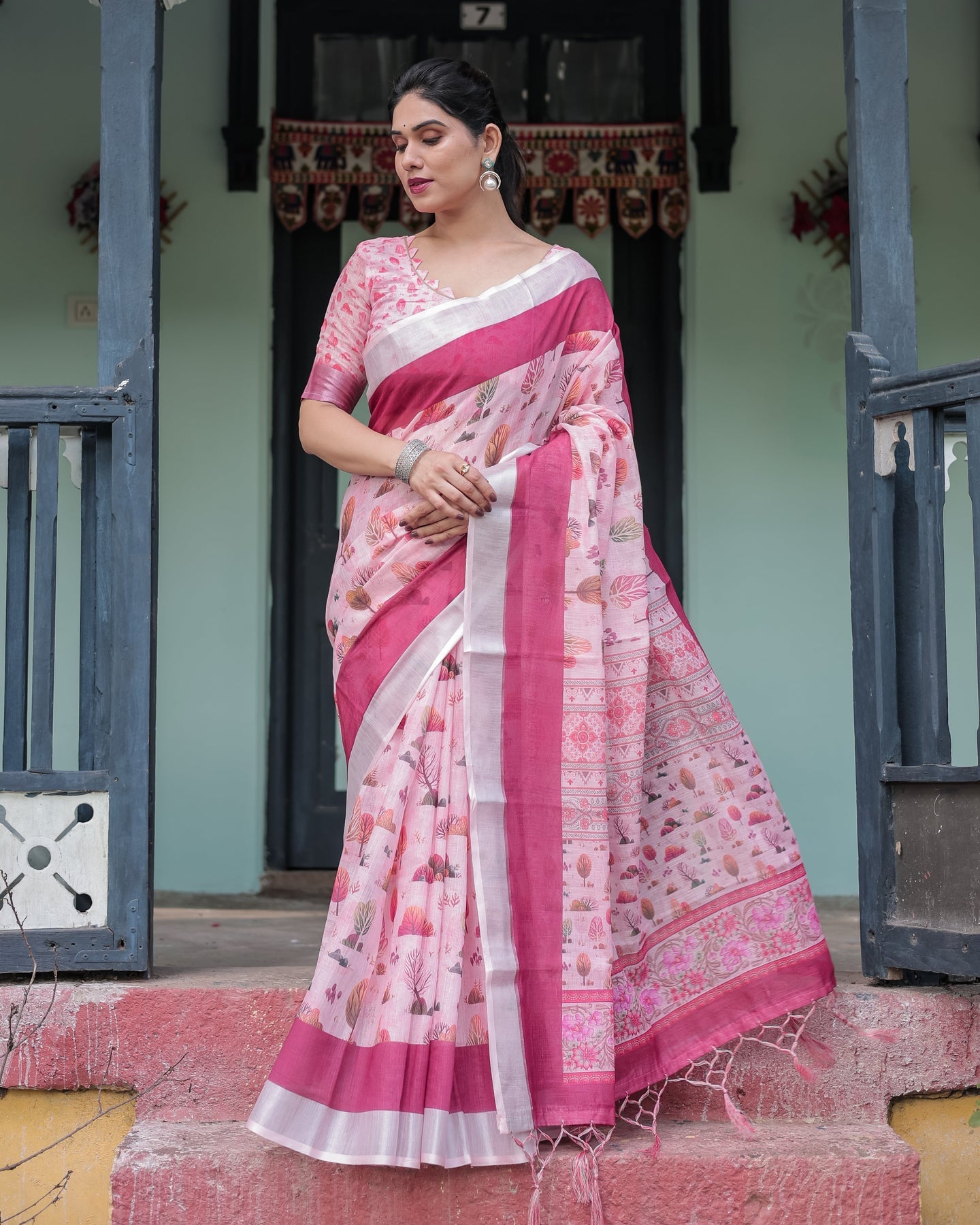 Elegant Blush Pink Floral Linen Saree | Shaadigruh SD1034