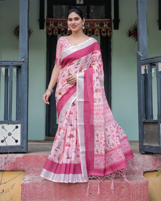Elegant Blush Pink Floral Linen Saree | Shaadigruh SD1034