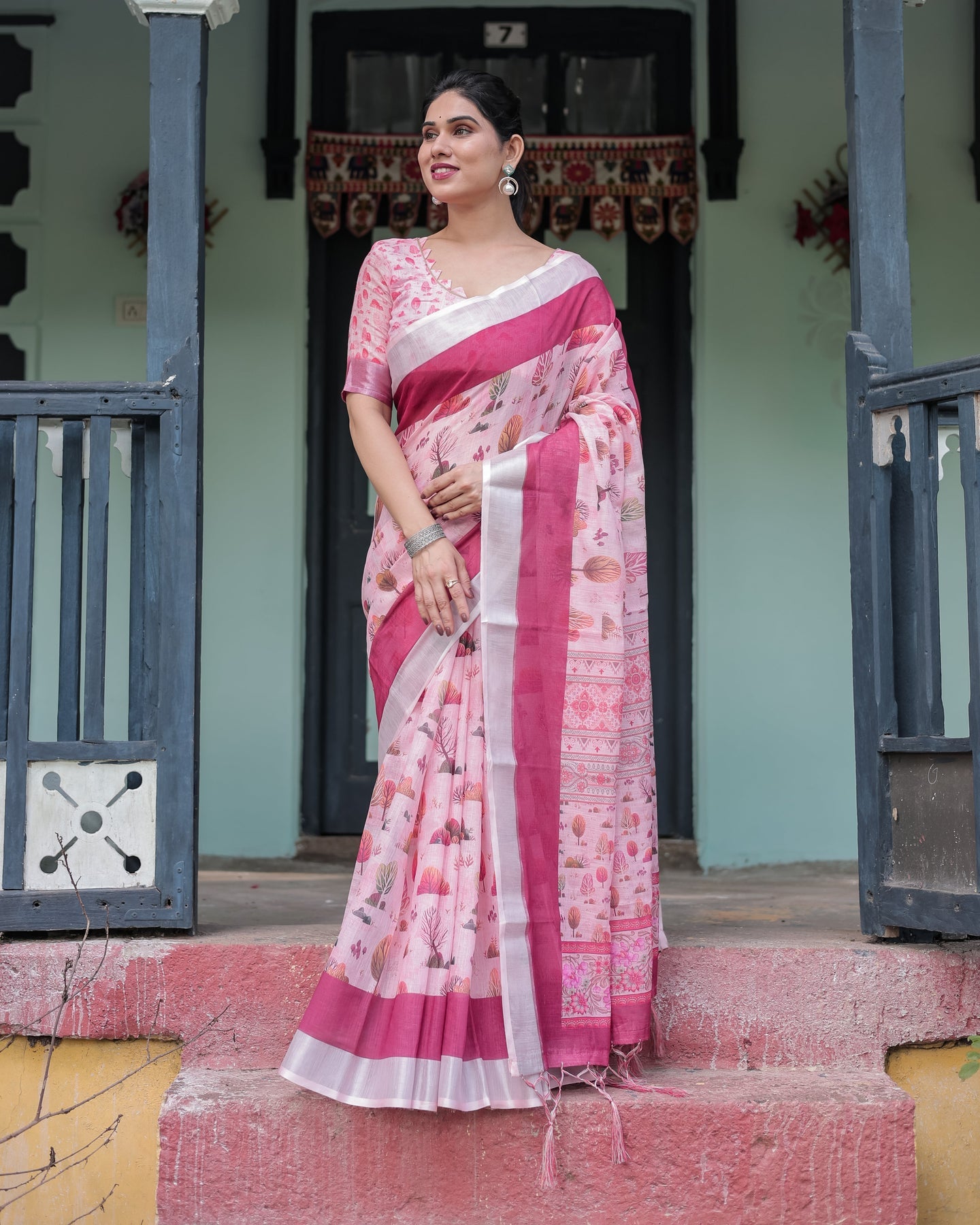 Elegant Blush Pink Floral Linen Saree | Shaadigruh SD1034