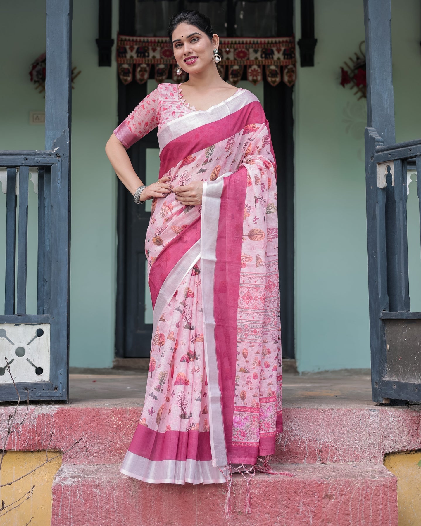Elegant Blush Pink Floral Linen Saree | Shaadigruh SD1034