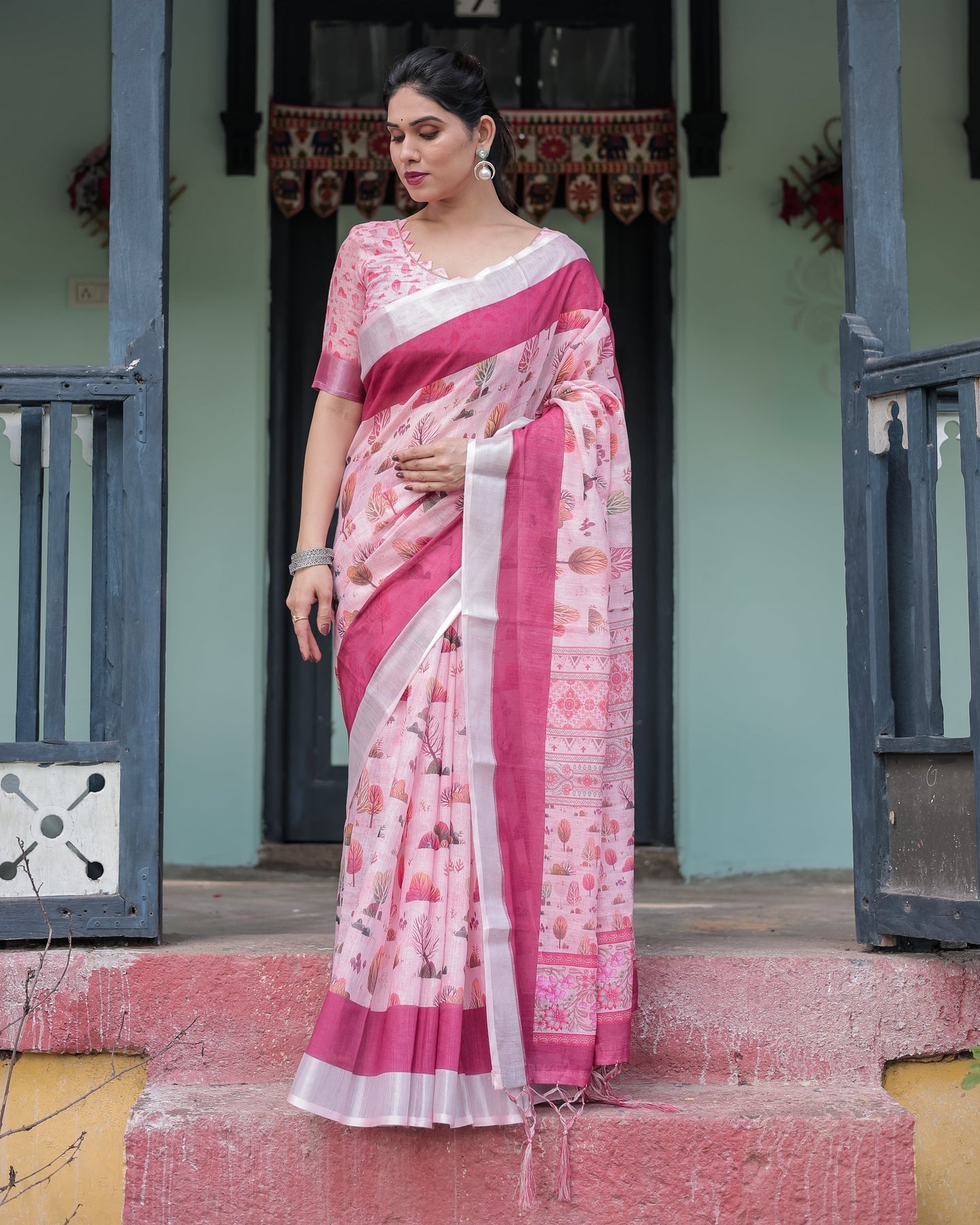 Elegant Blush Pink Floral Linen Saree | Shaadigruh SD1034