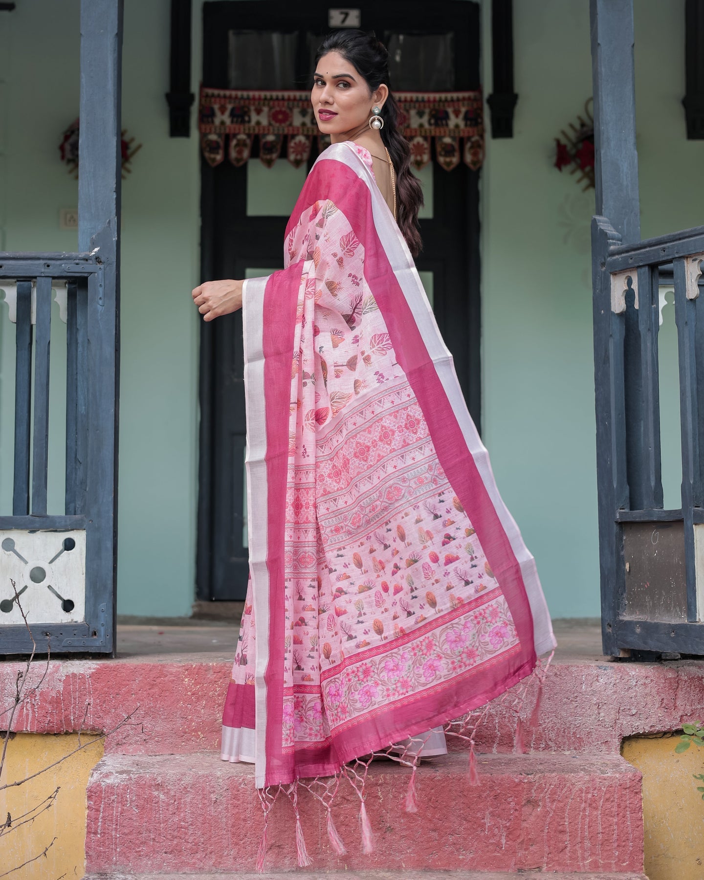 Elegant Blush Pink Floral Linen Saree | Shaadigruh SD1034