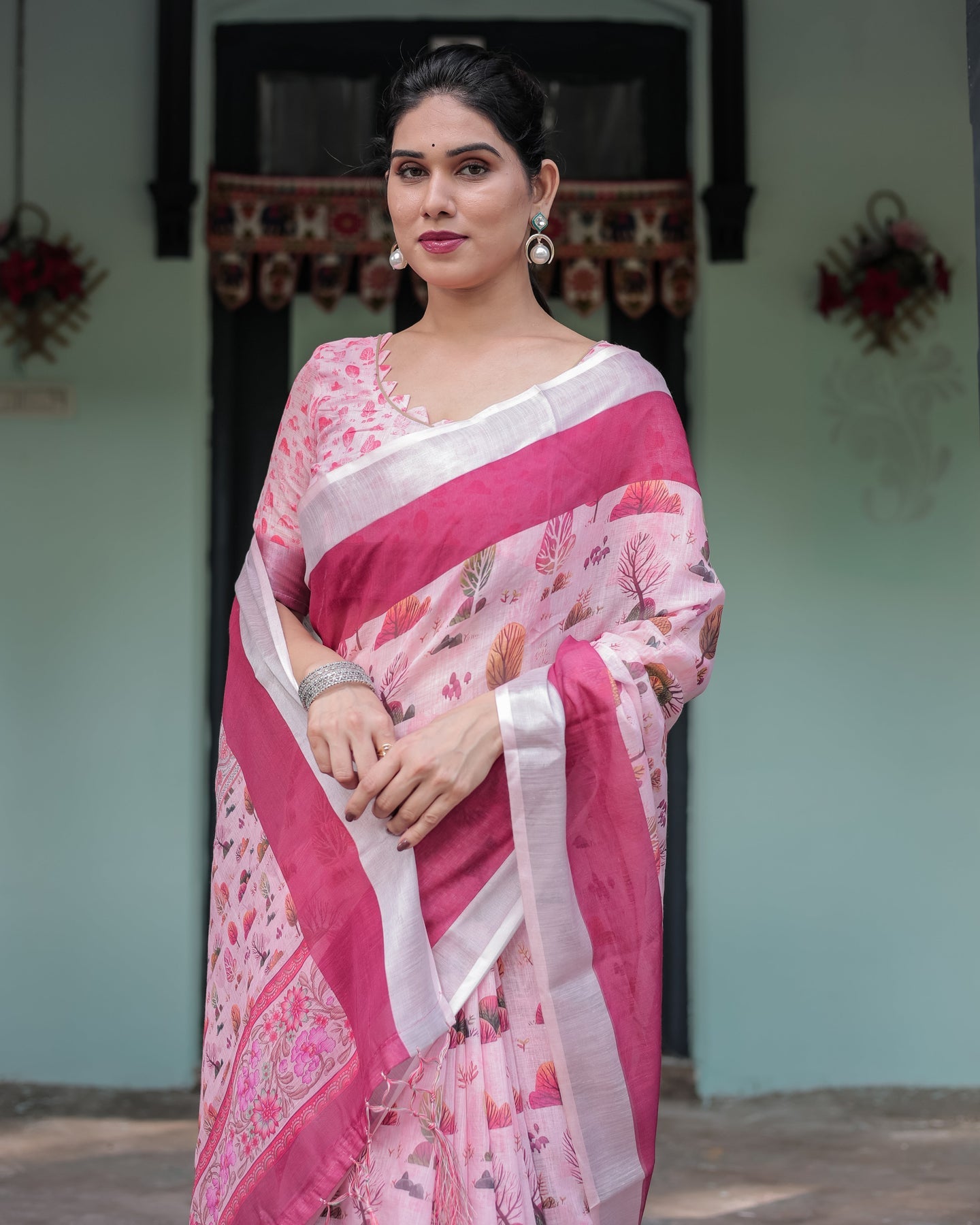 Elegant Blush Pink Floral Linen Saree | Shaadigruh SD1034