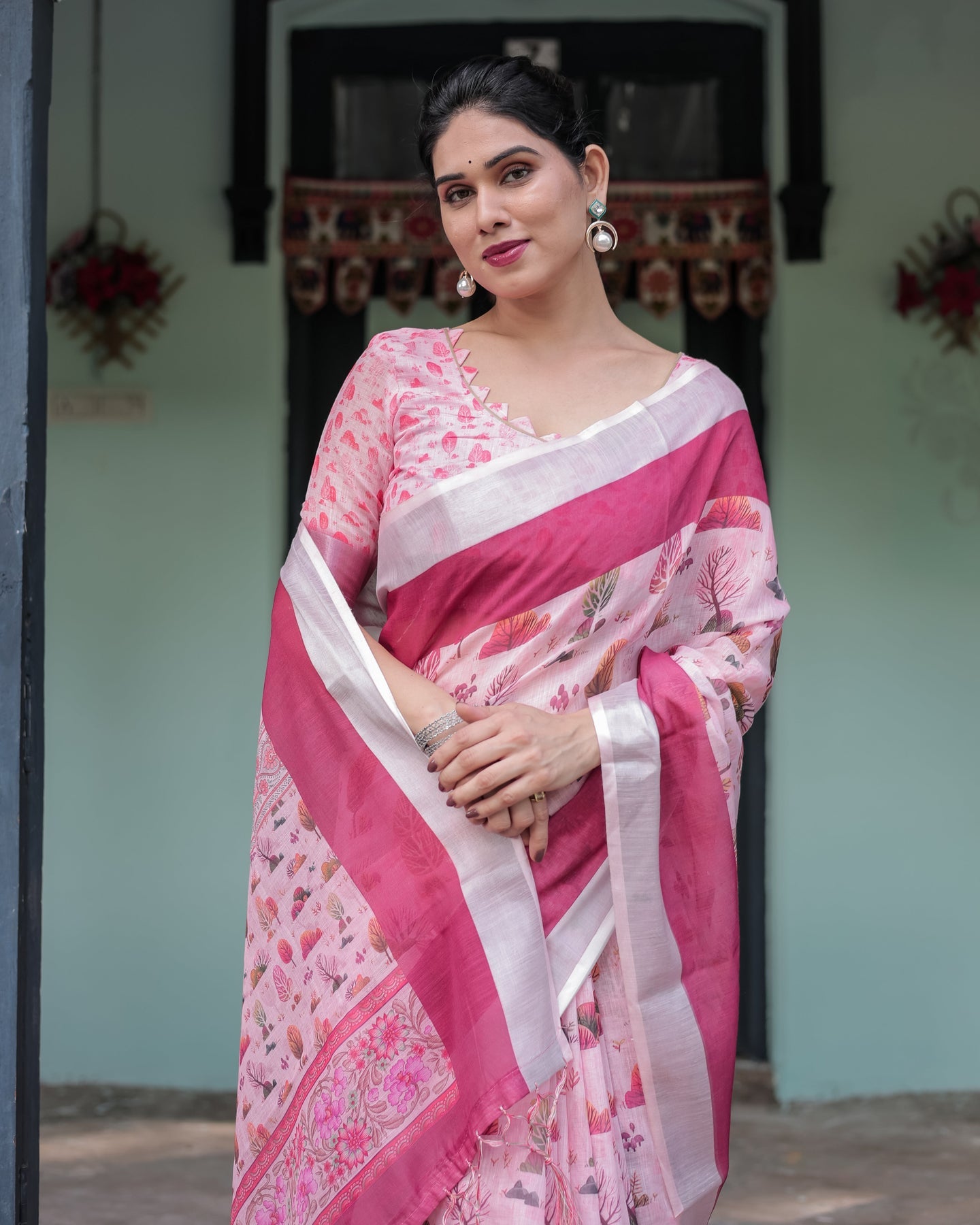 Elegant Blush Pink Floral Linen Saree | Shaadigruh SD1034