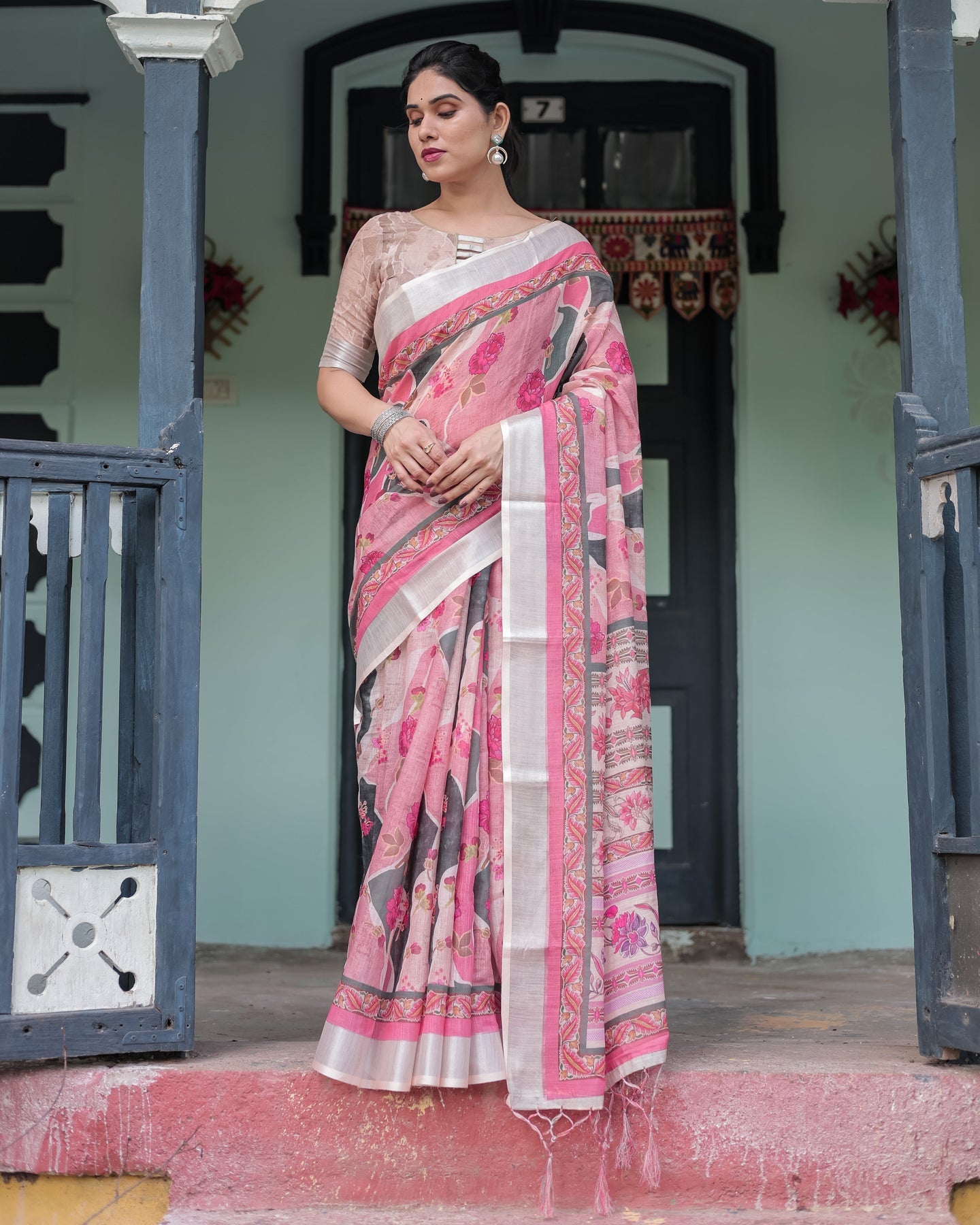 Soft Pink Floral Linen Saree | Shaadigruh SD1039