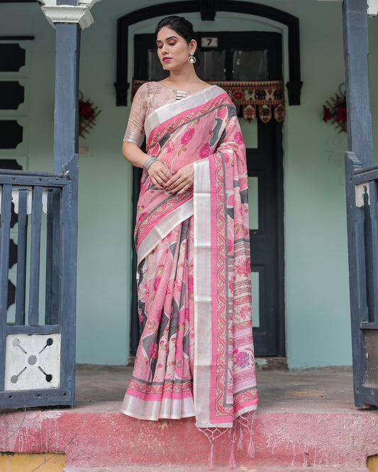 Soft Pink Floral Linen Saree | Shaadigruh SD1039