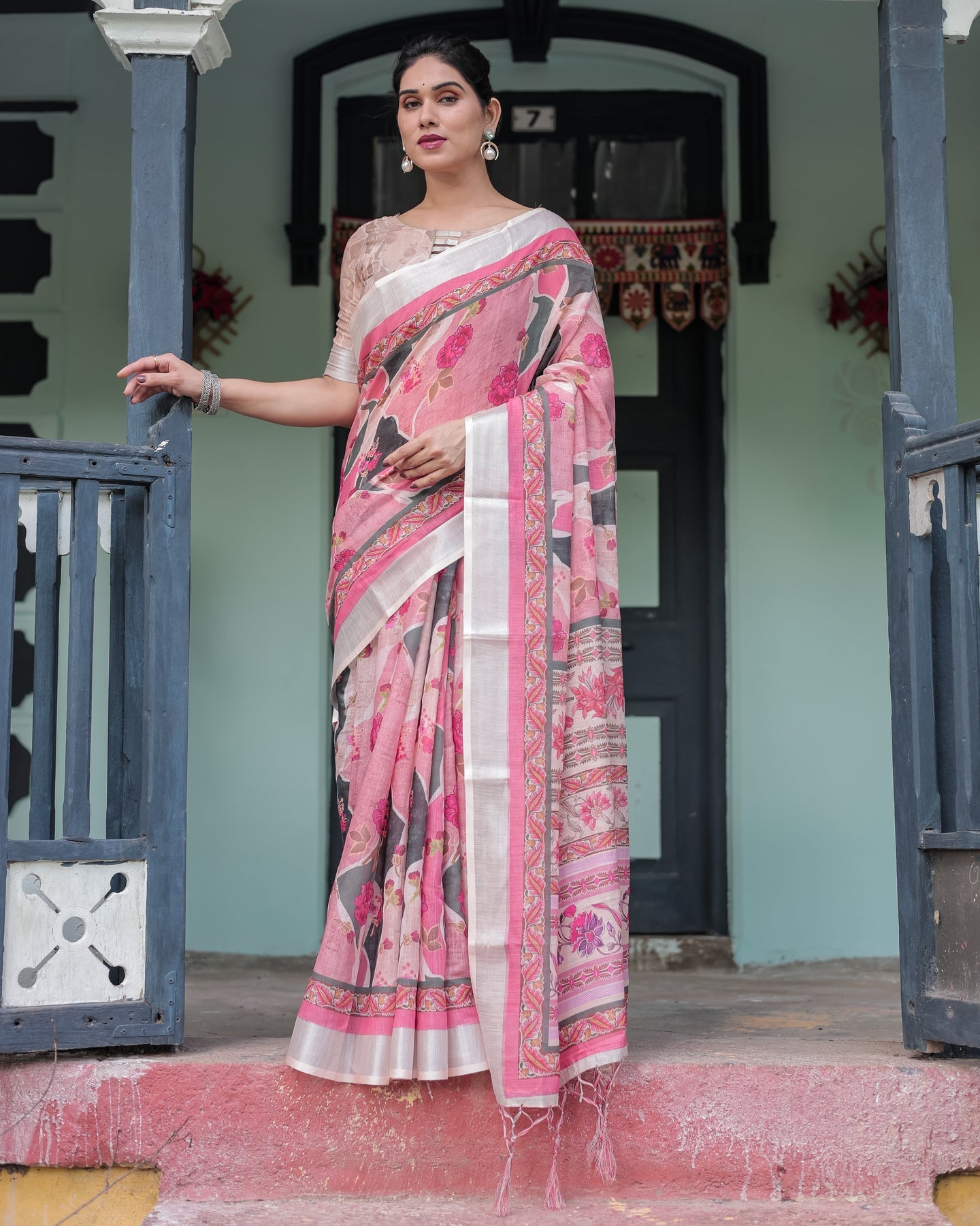 Soft Pink Floral Linen Saree | Shaadigruh SD1039