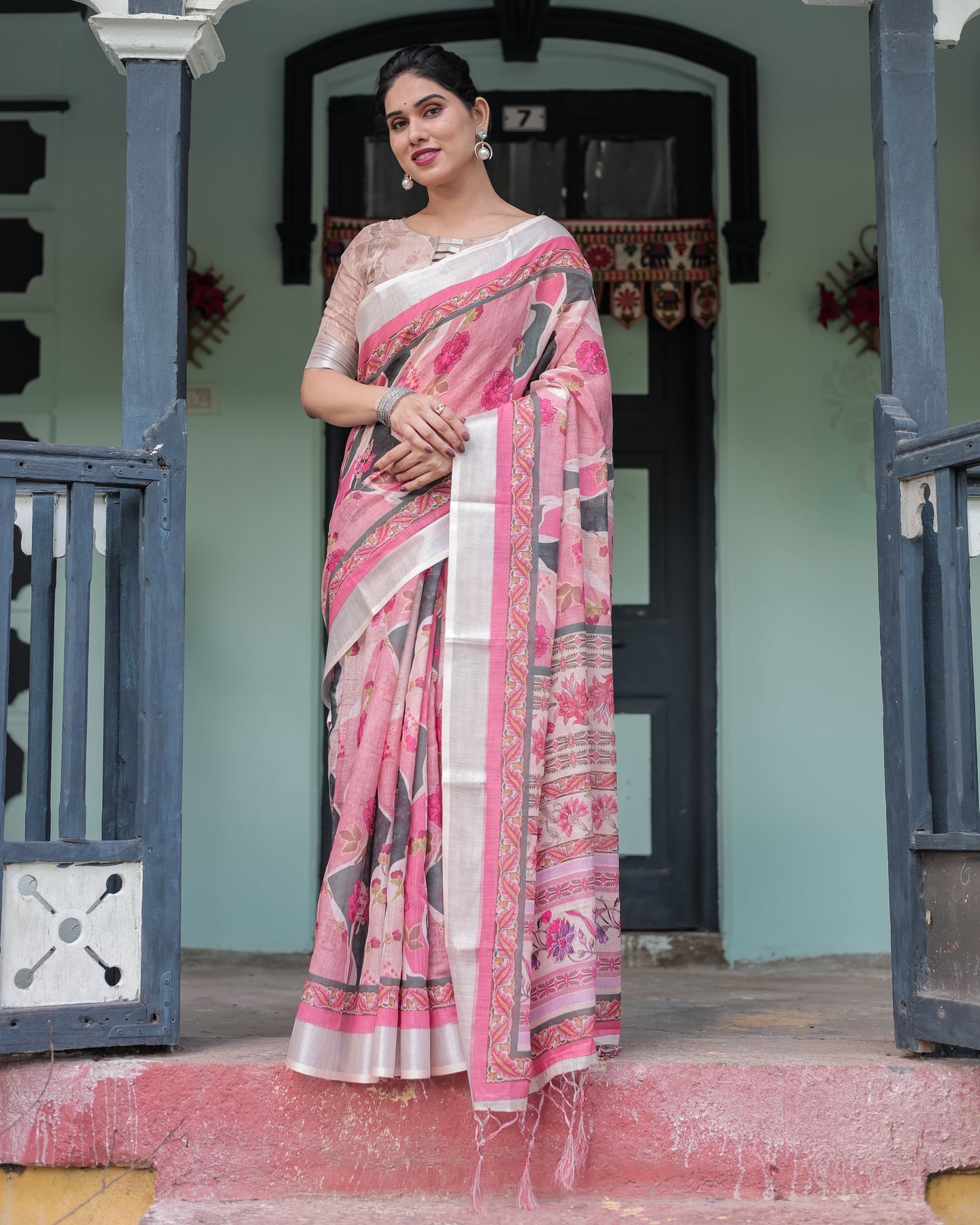 Soft Pink Floral Linen Saree | Shaadigruh SD1039