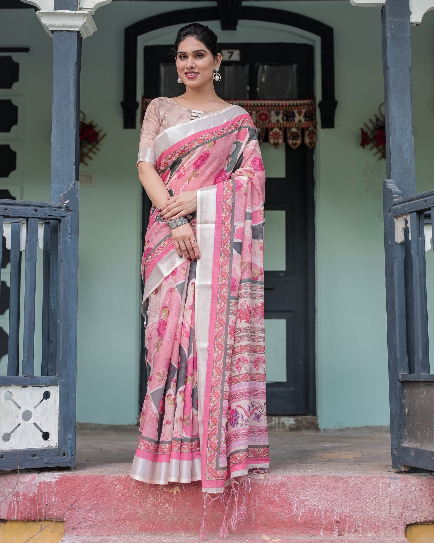 Soft Pink Floral Linen Saree | Shaadigruh SD1039