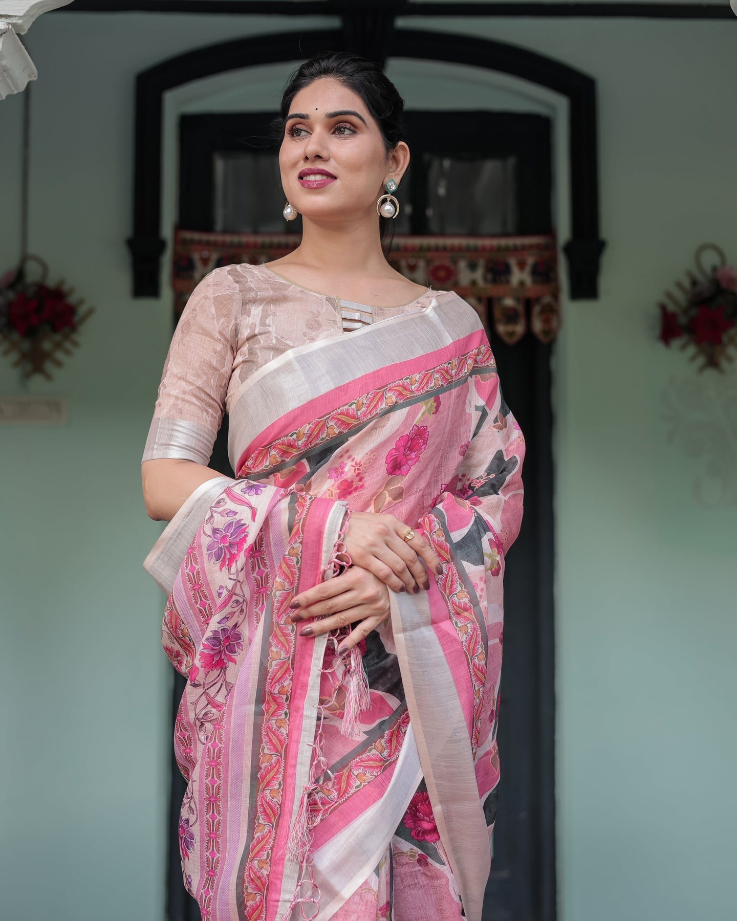 Soft Pink Floral Linen Saree | Shaadigruh SD1039