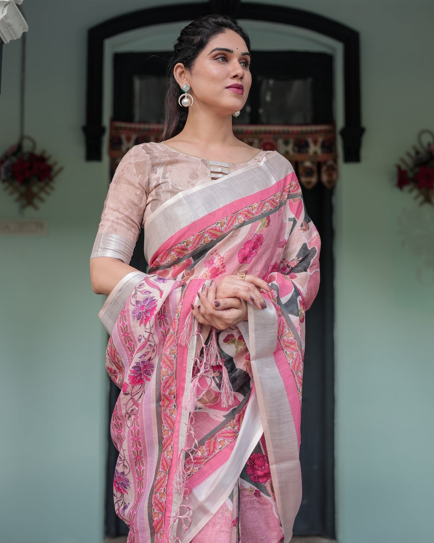Soft Pink Floral Linen Saree | Shaadigruh SD1039