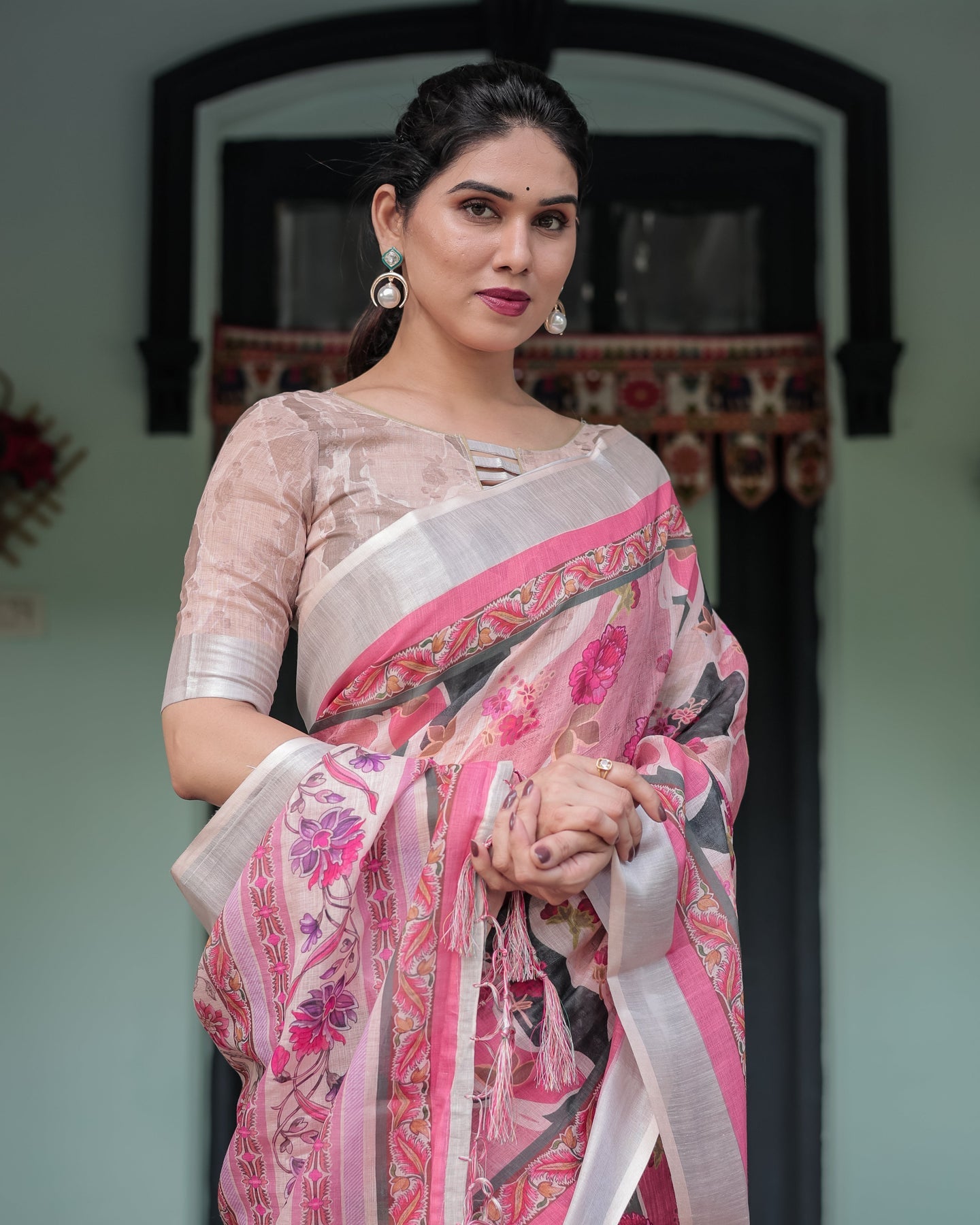 Soft Pink Floral Linen Saree | Shaadigruh SD1039