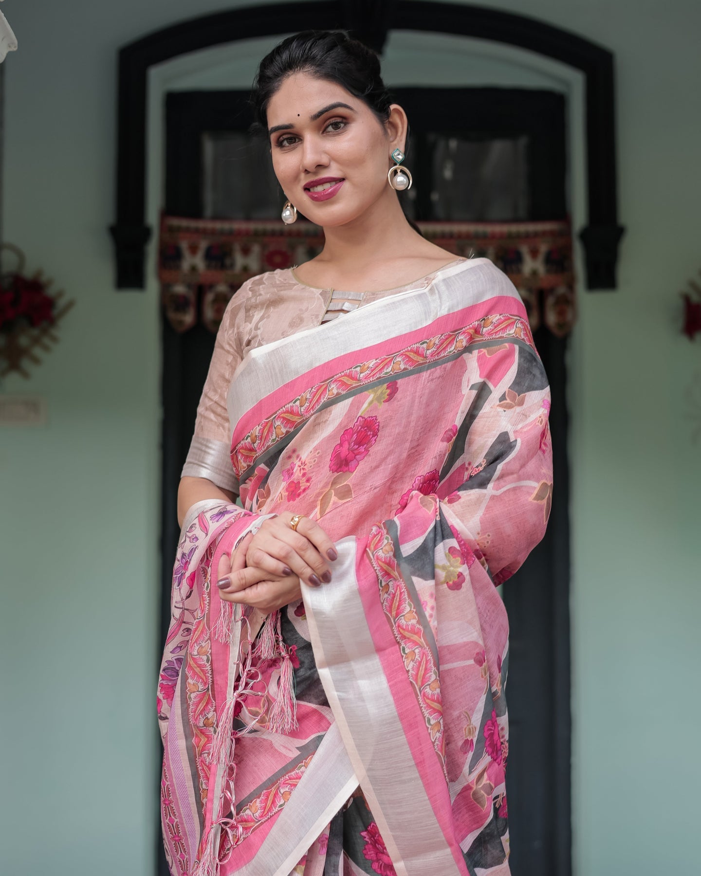 Soft Pink Floral Linen Saree | Shaadigruh SD1039