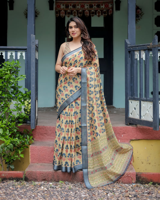 Luxury Mustard Yellow Floral Linen Saree | Shaadigruh SD1022