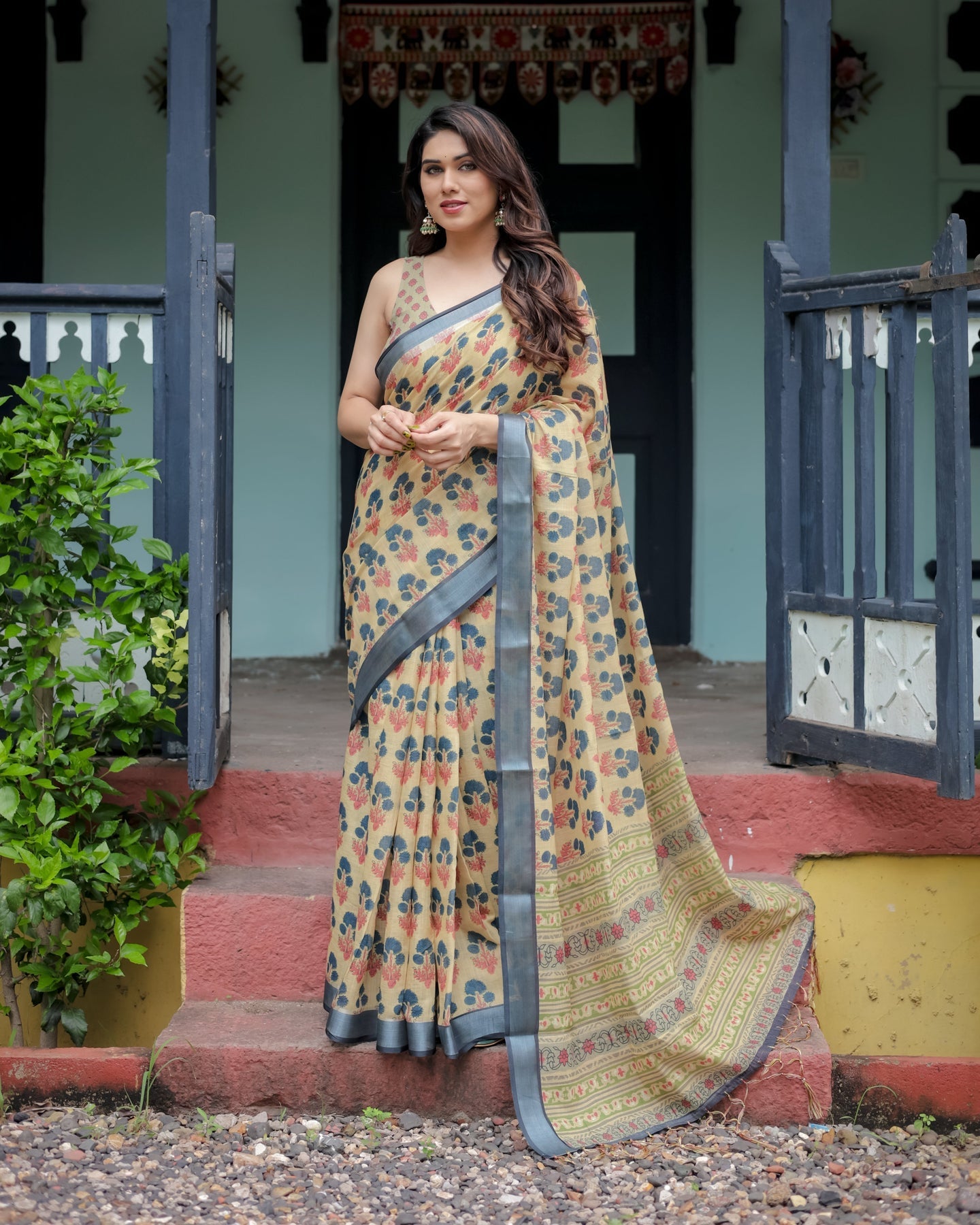 Luxury Mustard Yellow Floral Linen Saree | Shaadigruh SD1022