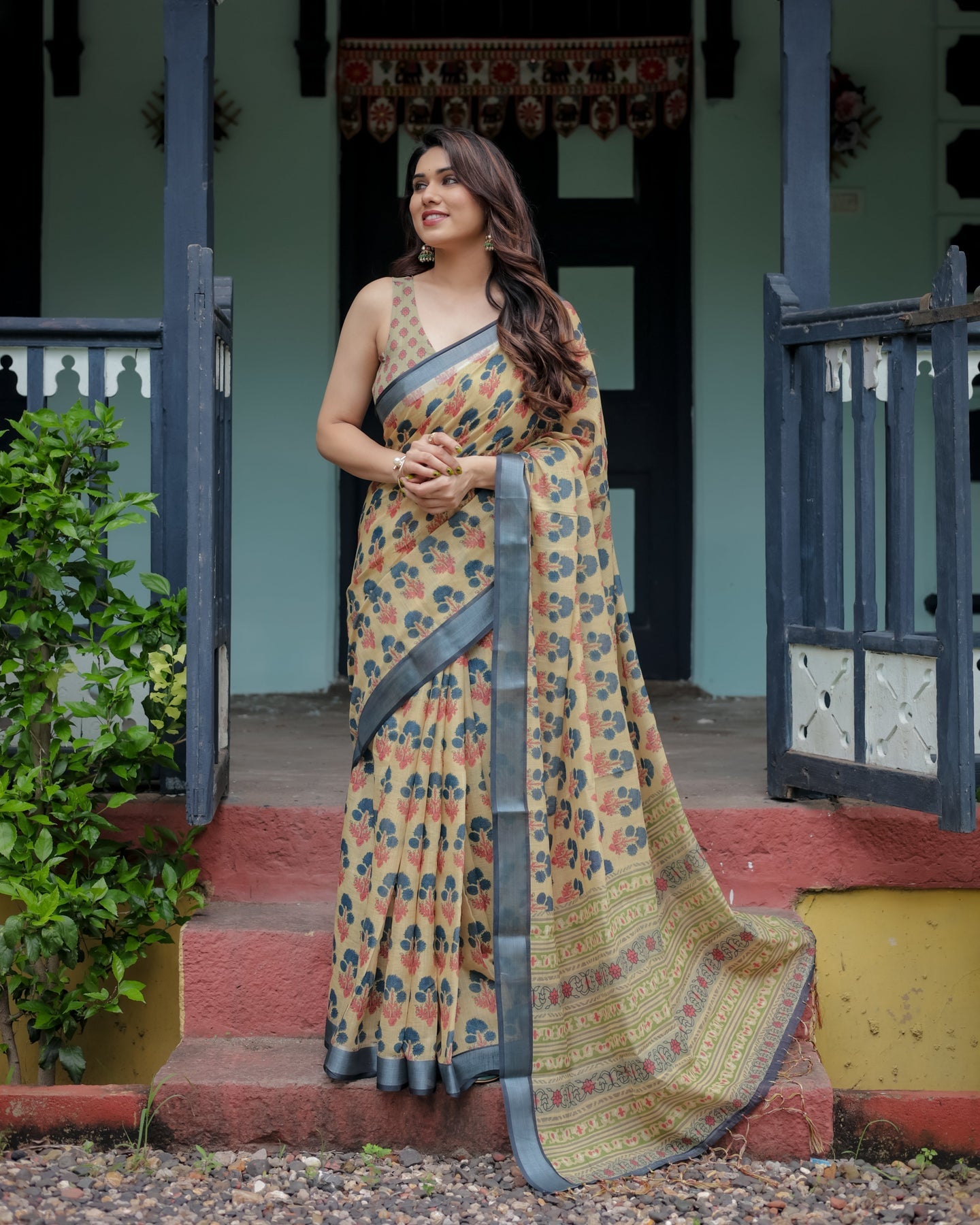 Luxury Mustard Yellow Floral Linen Saree | Shaadigruh SD1022