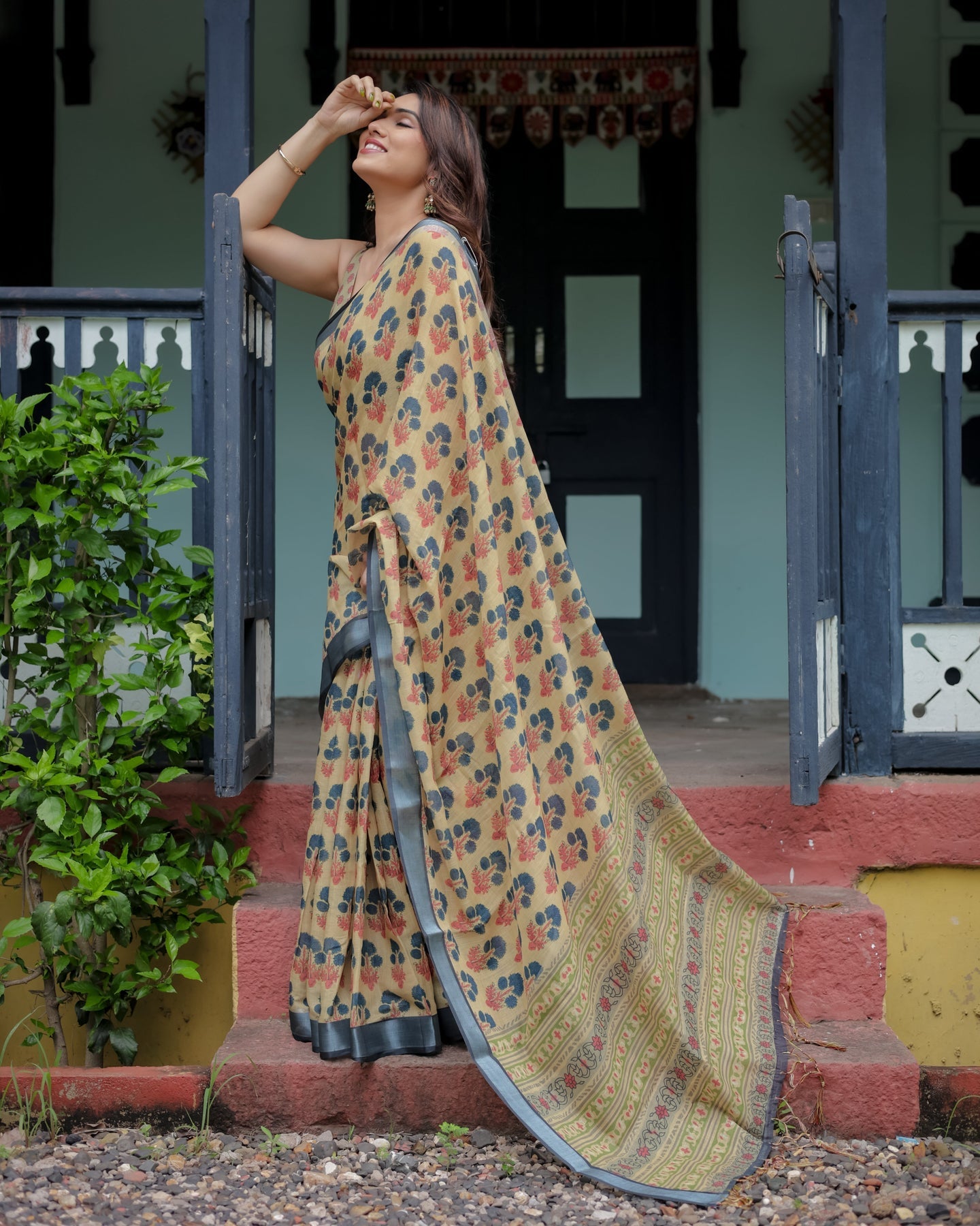 Luxury Mustard Yellow Floral Linen Saree | Shaadigruh SD1022