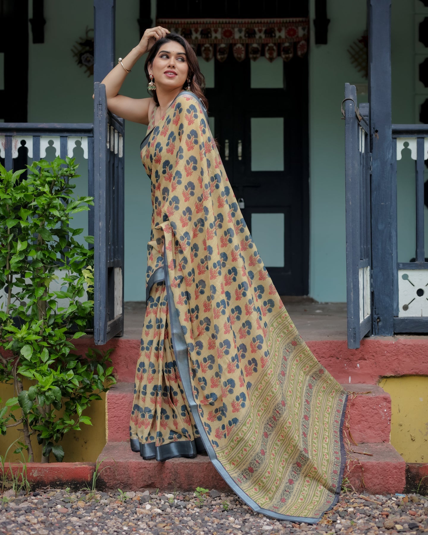 Luxury Mustard Yellow Floral Linen Saree | Shaadigruh SD1022