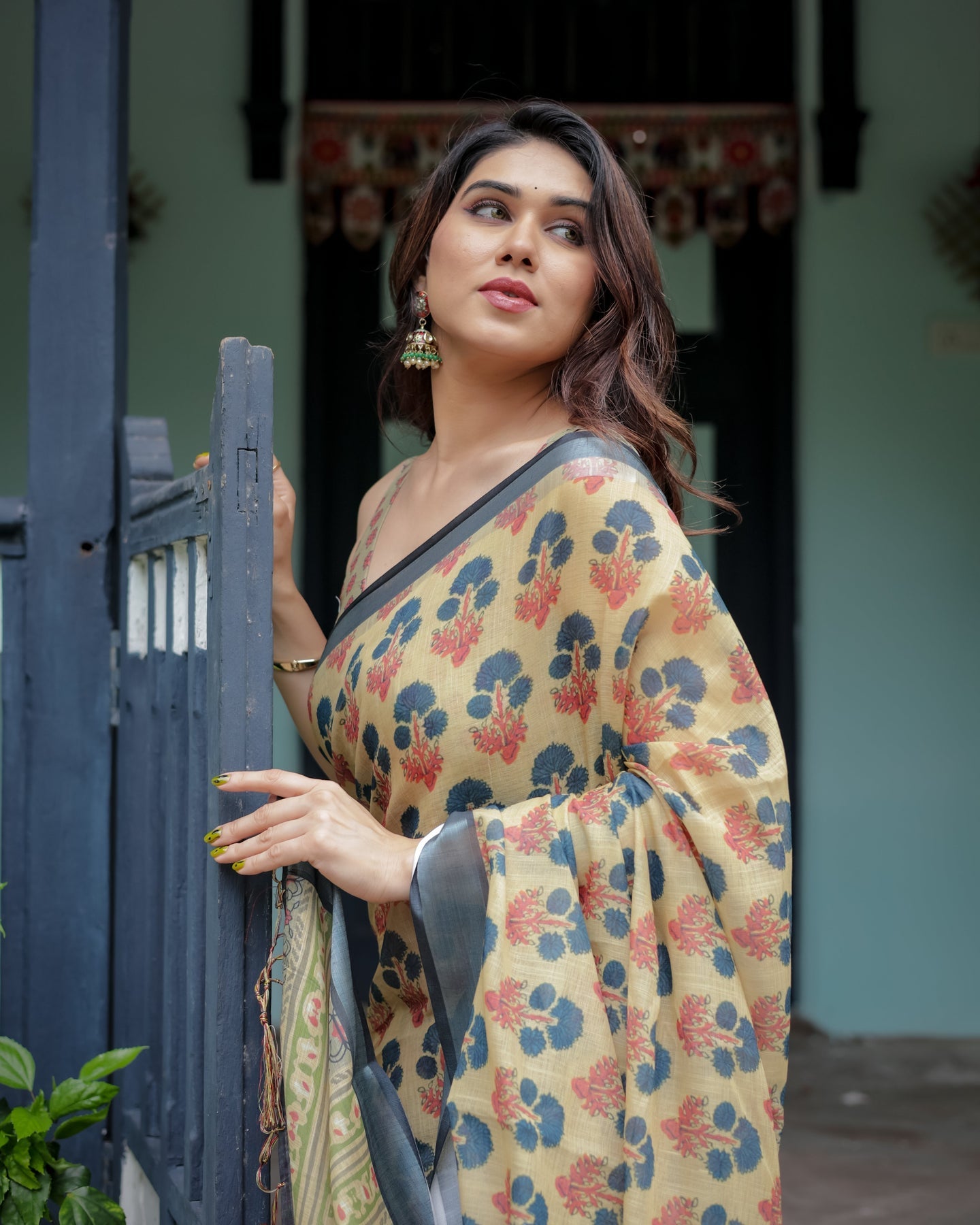 Luxury Mustard Yellow Floral Linen Saree | Shaadigruh SD1022