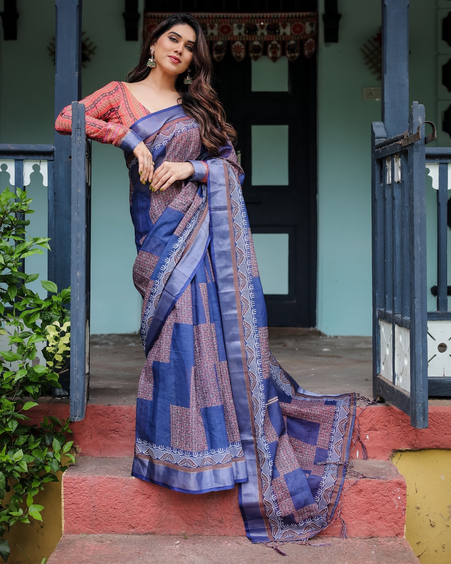 Luxury Indigo Blue Printed Linen Saree | Shaadigruh SD1030