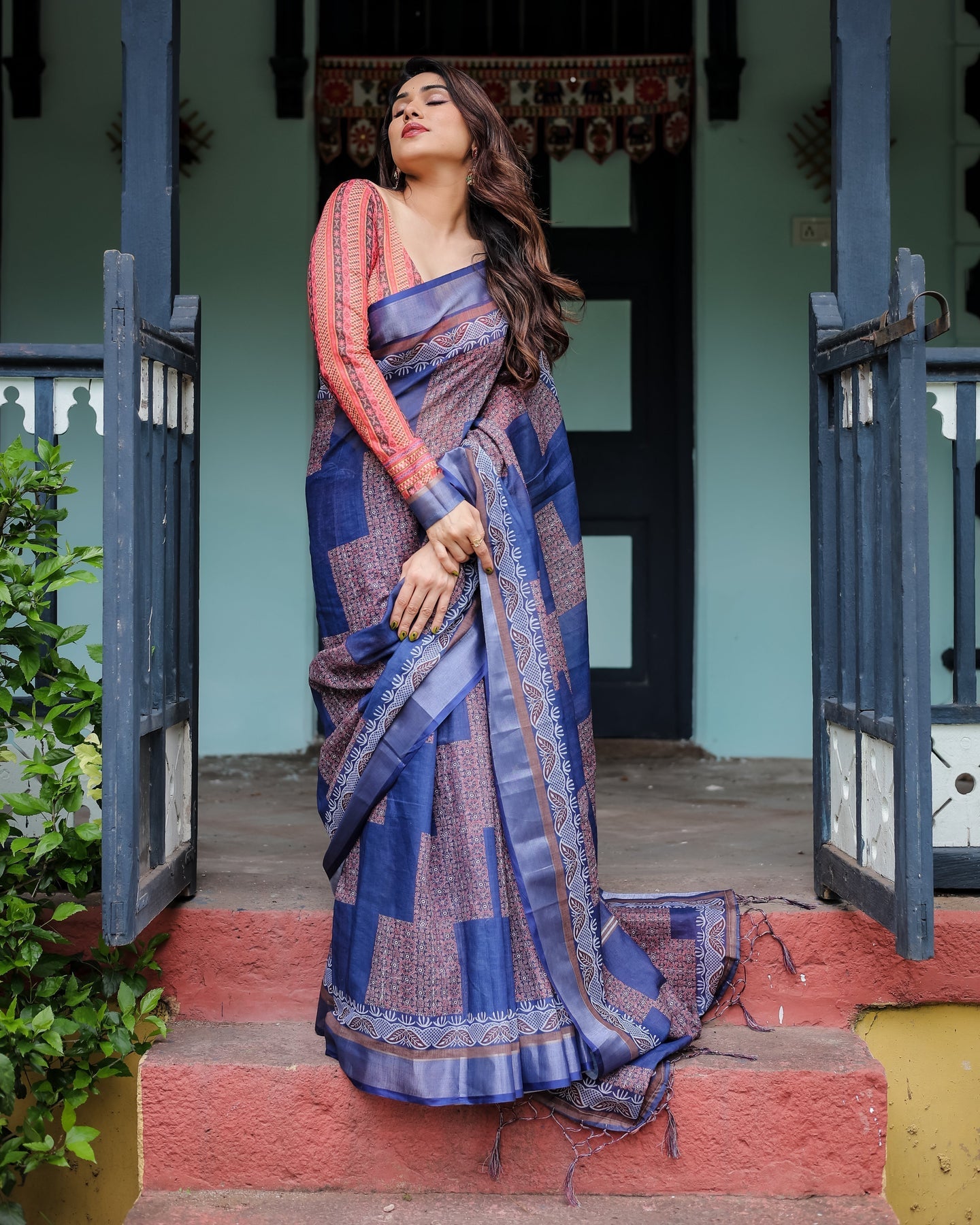 Luxury Indigo Blue Printed Linen Saree | Shaadigruh SD1030