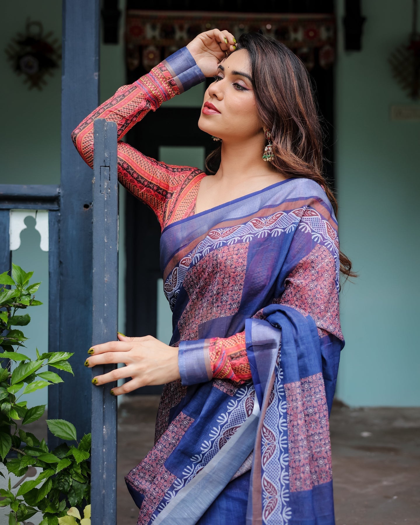Luxury Indigo Blue Printed Linen Saree | Shaadigruh SD1030