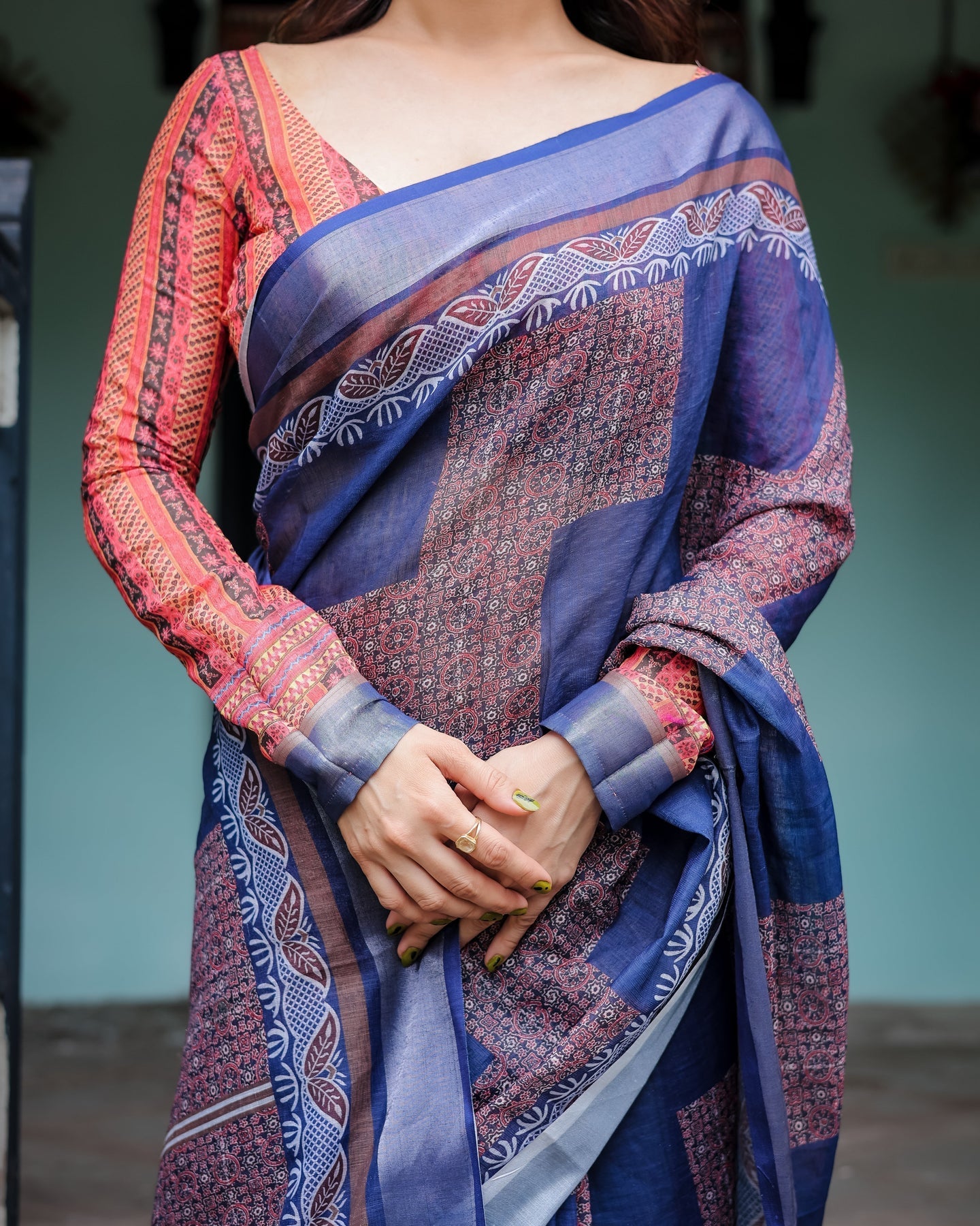 Luxury Indigo Blue Printed Linen Saree | Shaadigruh SD1030