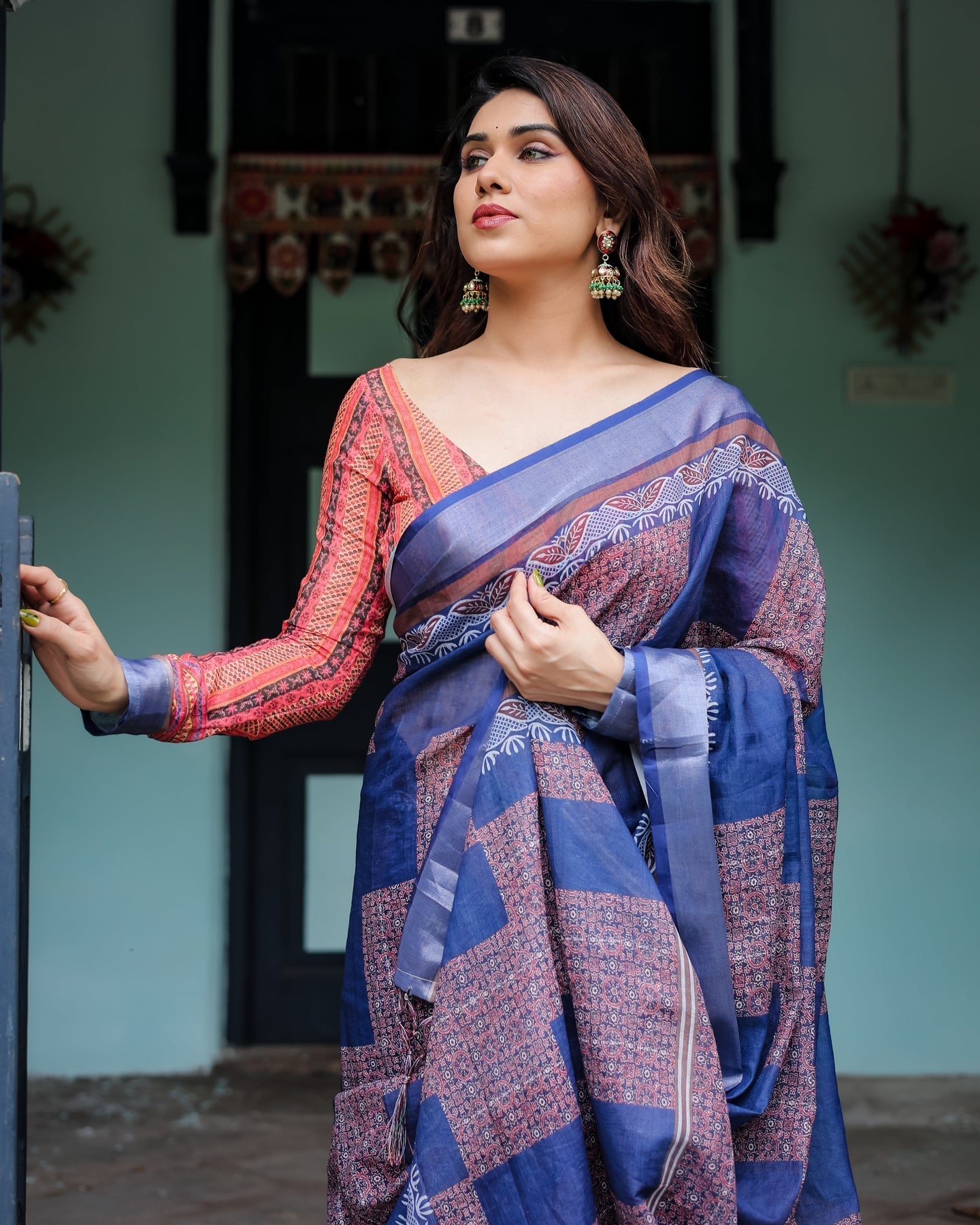 Luxury Indigo Blue Printed Linen Saree | Shaadigruh SD1030
