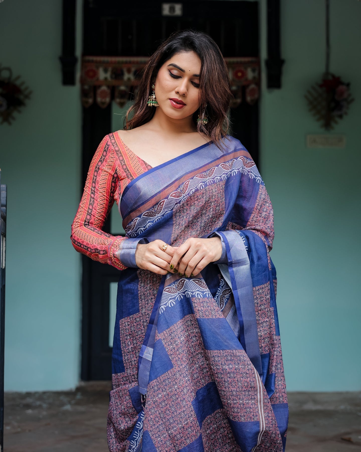 Luxury Indigo Blue Printed Linen Saree | Shaadigruh SD1030
