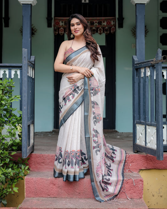 Luxury Ivory Elephant Motif Linen Saree | Shaadigruh SD1015