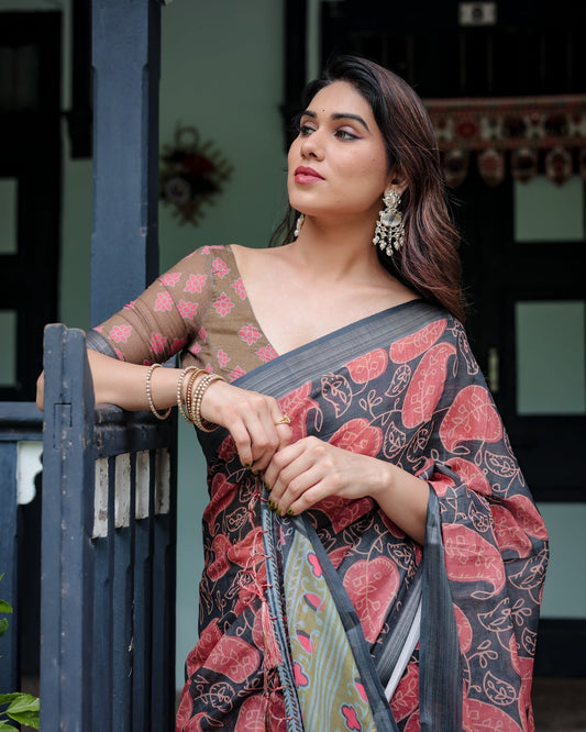 Charcoal Black Paisley Linen Saree | Shaadigruh SD1042