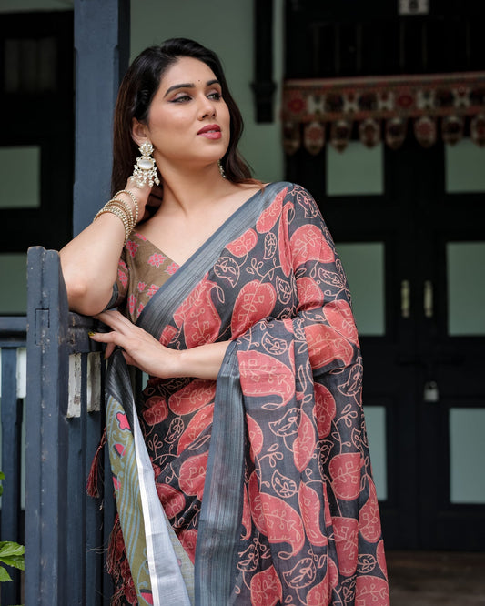 Charcoal Black Paisley Linen Saree | Shaadigruh SD1042