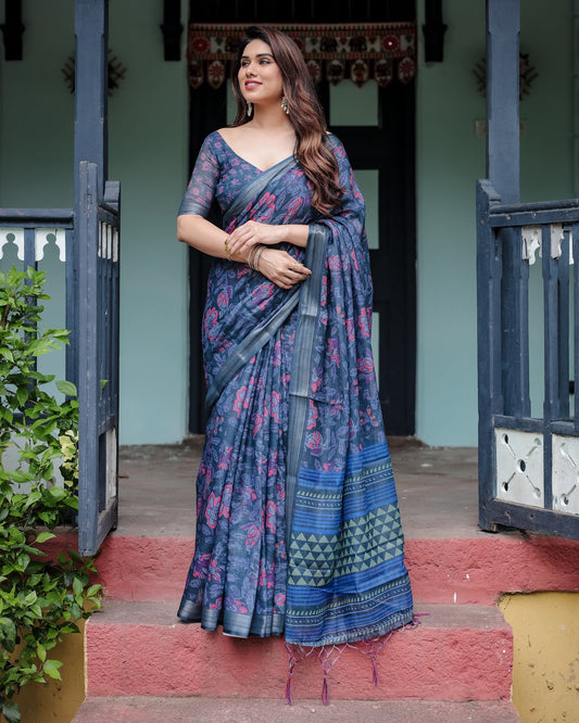 Luxury Deep Blue Floral Linen Saree | Shaadigruh SD1006