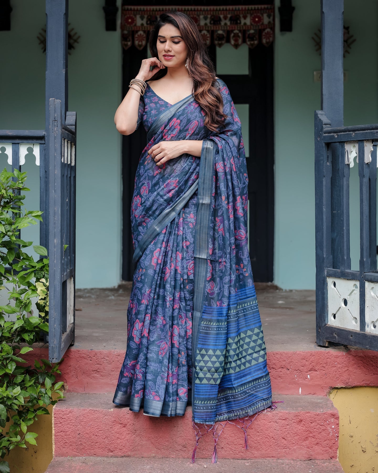Luxury Deep Blue Floral Linen Saree | Shaadigruh SD1006