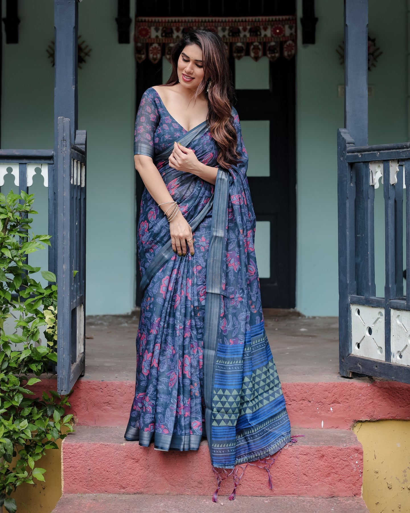 Luxury Deep Blue Floral Linen Saree | Shaadigruh SD1006
