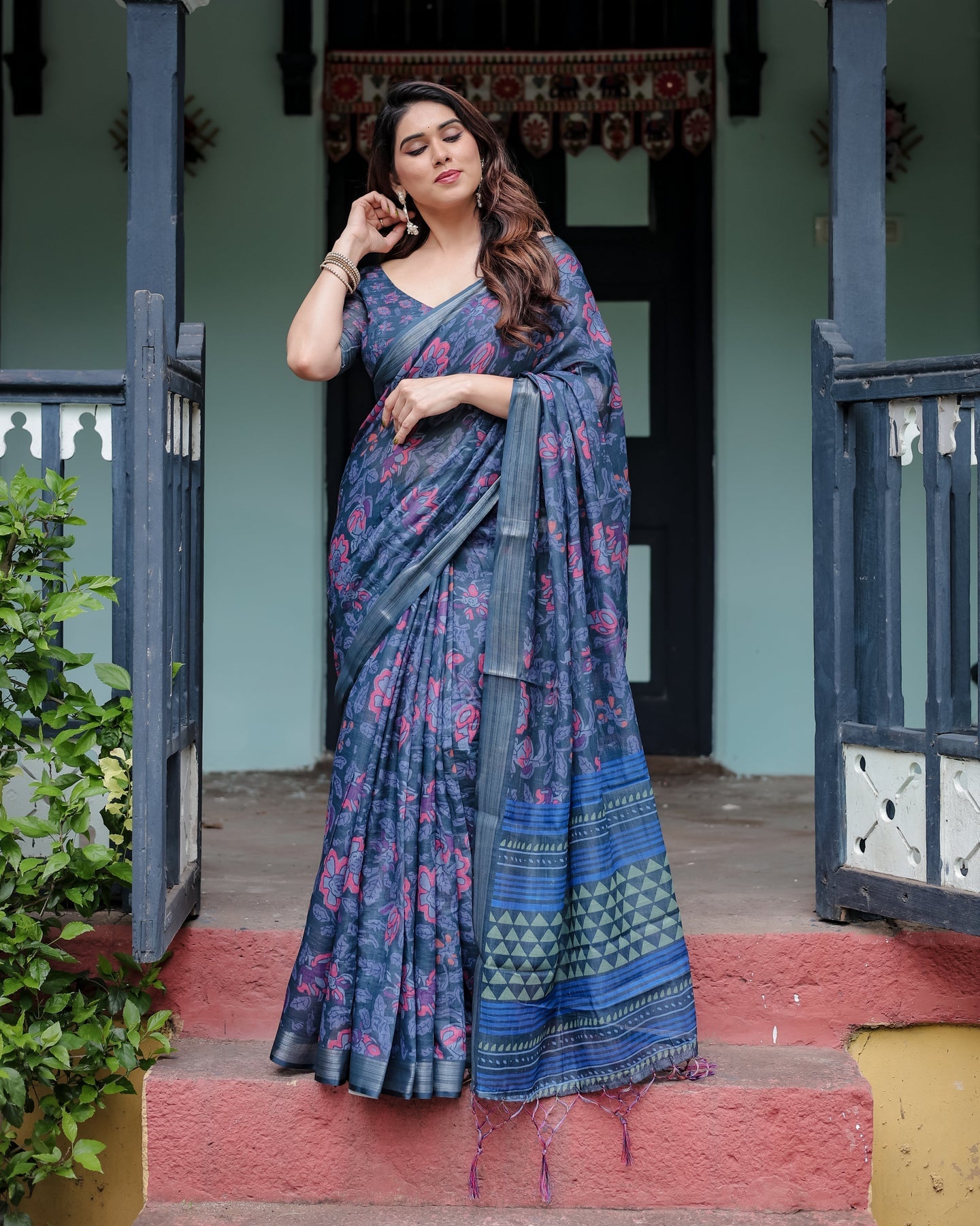 Luxury Deep Blue Floral Linen Saree | Shaadigruh SD1006