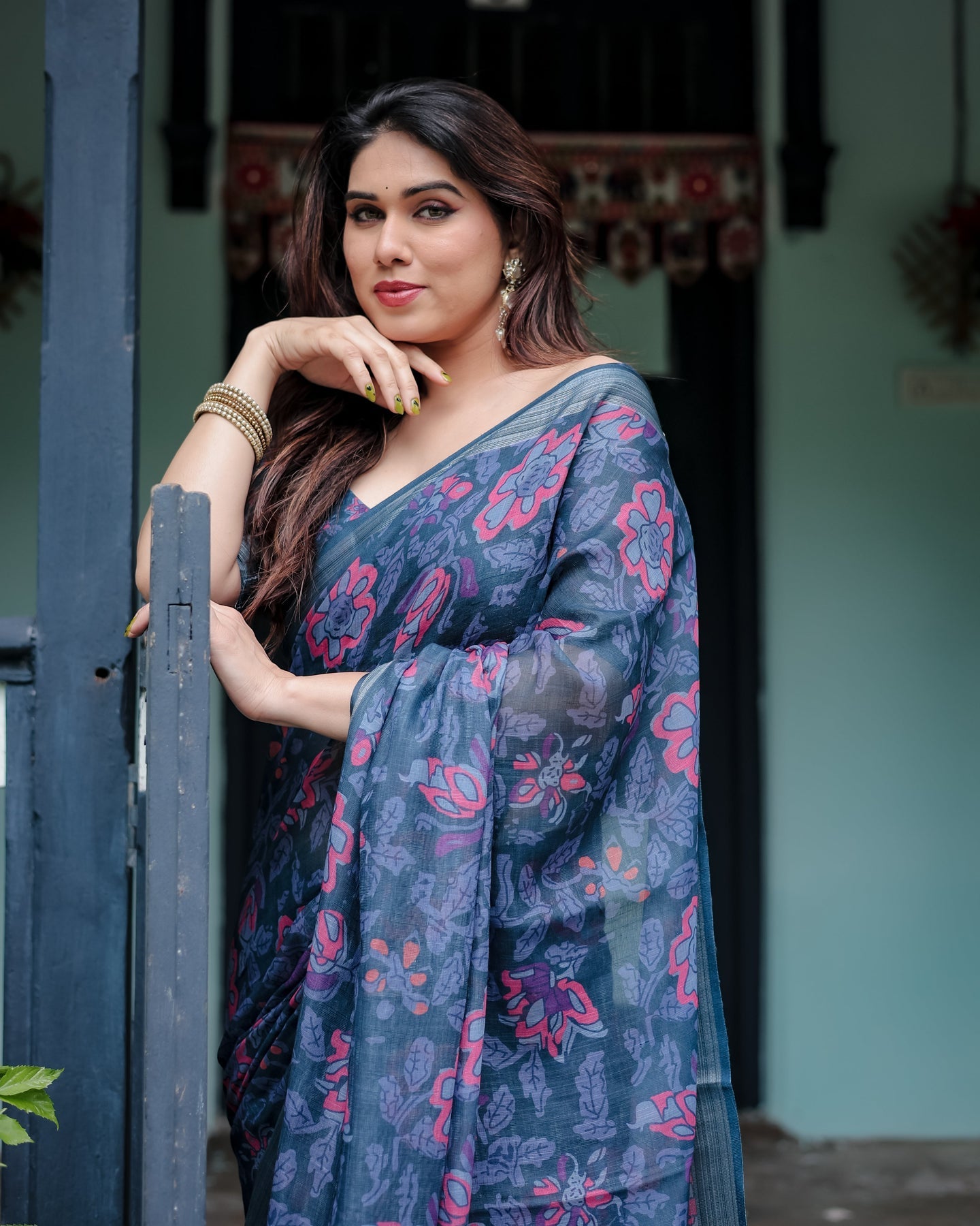 Luxury Deep Blue Floral Linen Saree | Shaadigruh SD1006