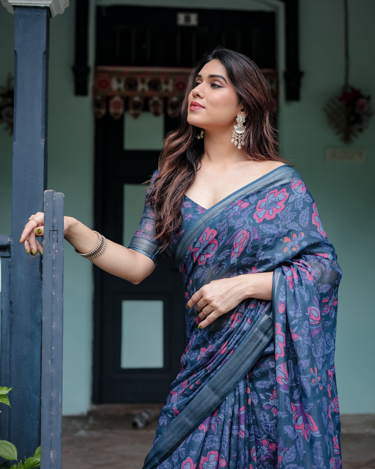 Luxury Deep Blue Floral Linen Saree | Shaadigruh SD1006