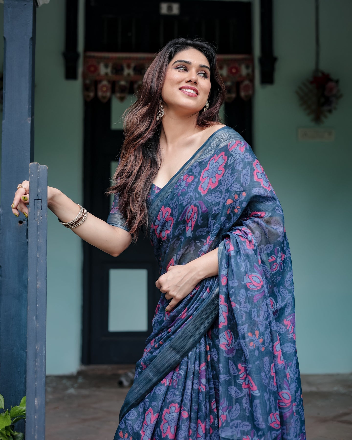Luxury Deep Blue Floral Linen Saree | Shaadigruh SD1006