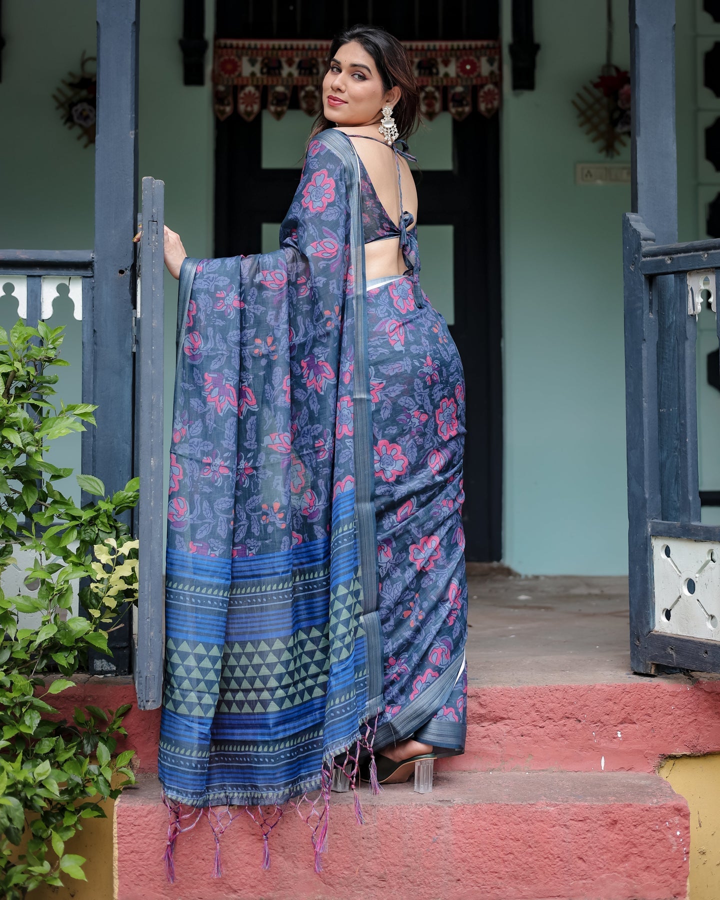 Luxury Deep Blue Floral Linen Saree | Shaadigruh SD1006