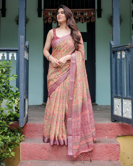 Luxury Warm Peach Floral Printed Linen Saree | Shaadigruh SD1019