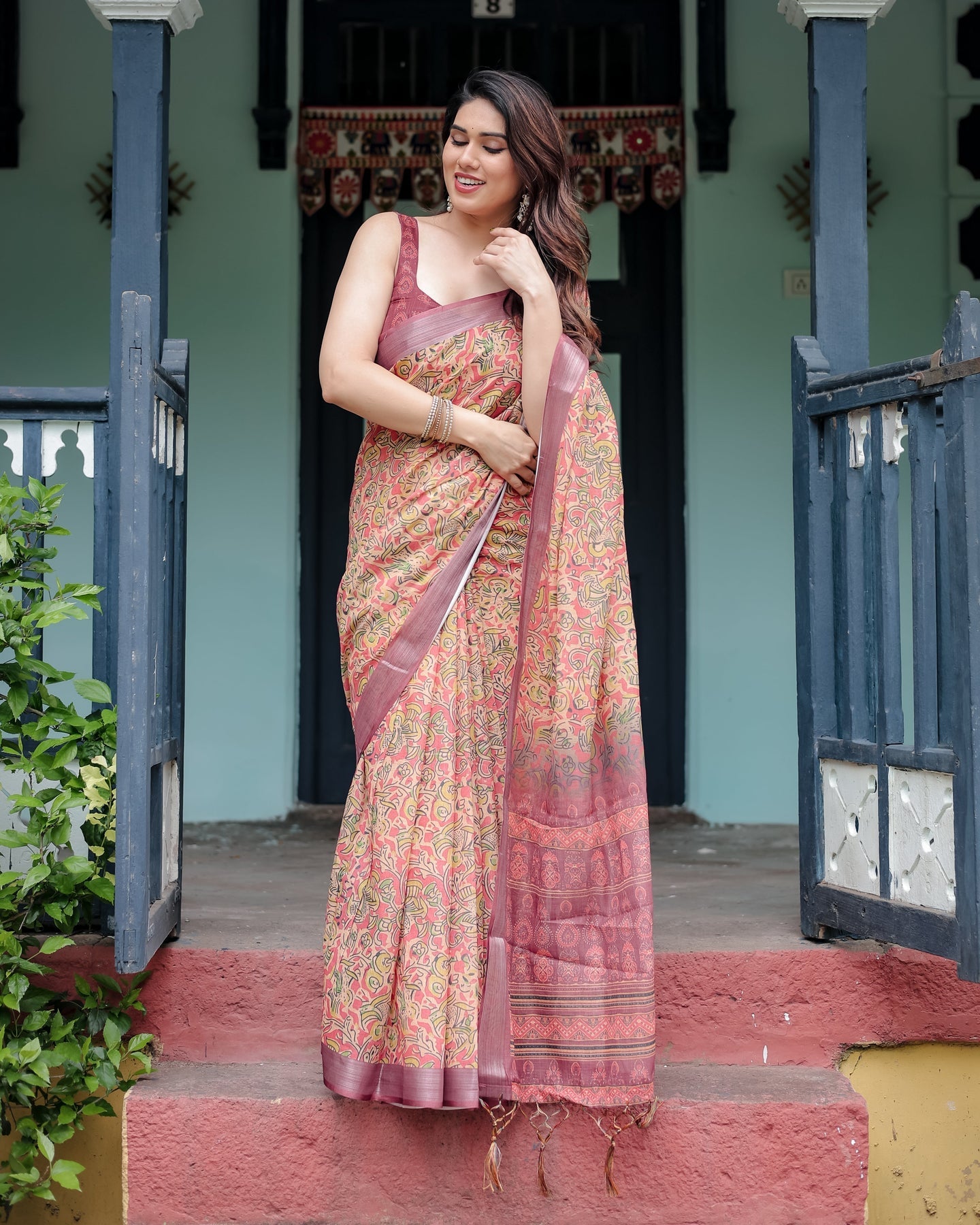 Luxury Warm Peach Floral Printed Linen Saree | Shaadigruh SD1019