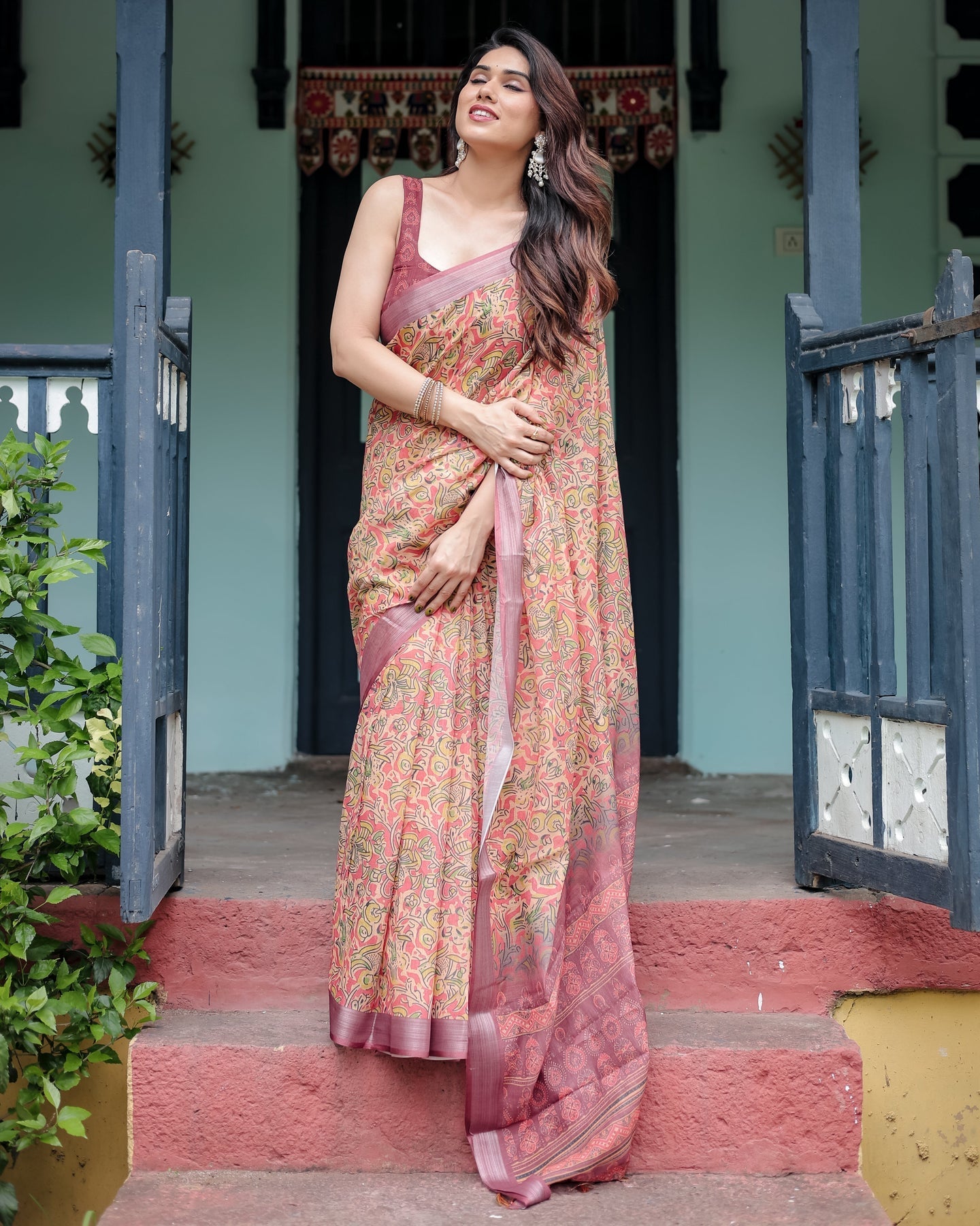 Luxury Warm Peach Floral Printed Linen Saree | Shaadigruh SD1019