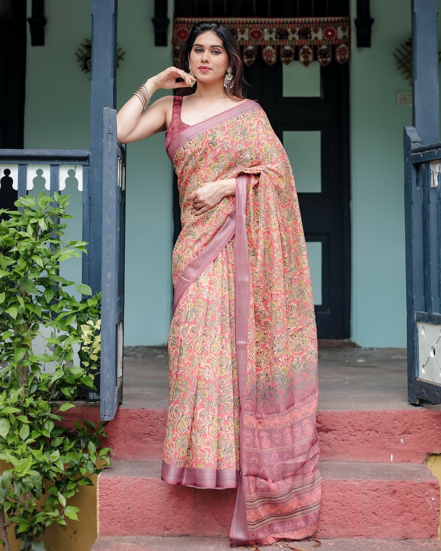Luxury Warm Peach Floral Printed Linen Saree | Shaadigruh SD1019
