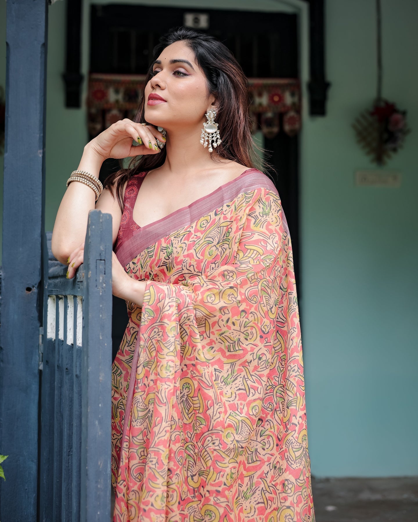 Luxury Warm Peach Floral Printed Linen Saree | Shaadigruh SD1019