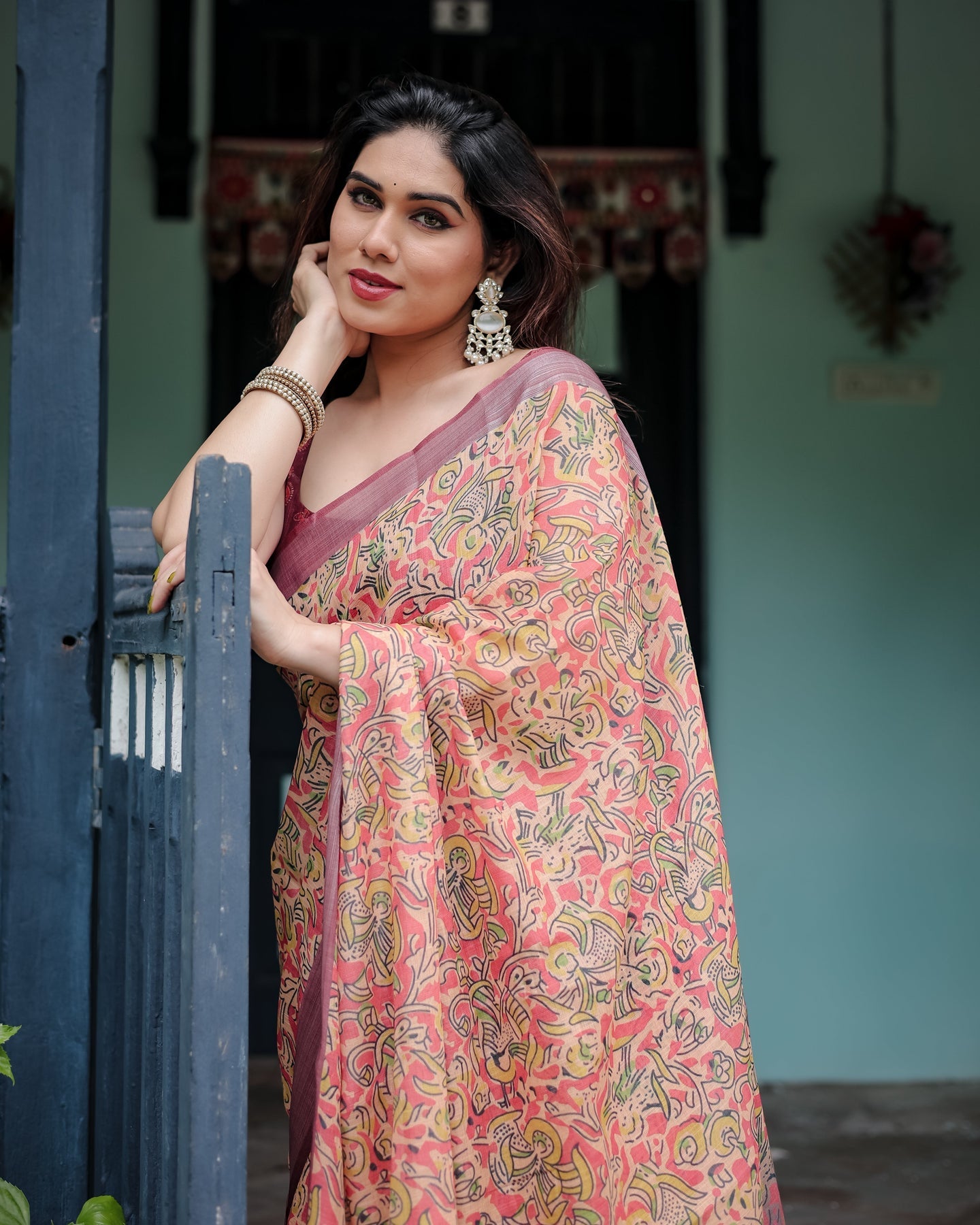 Luxury Warm Peach Floral Printed Linen Saree | Shaadigruh SD1019