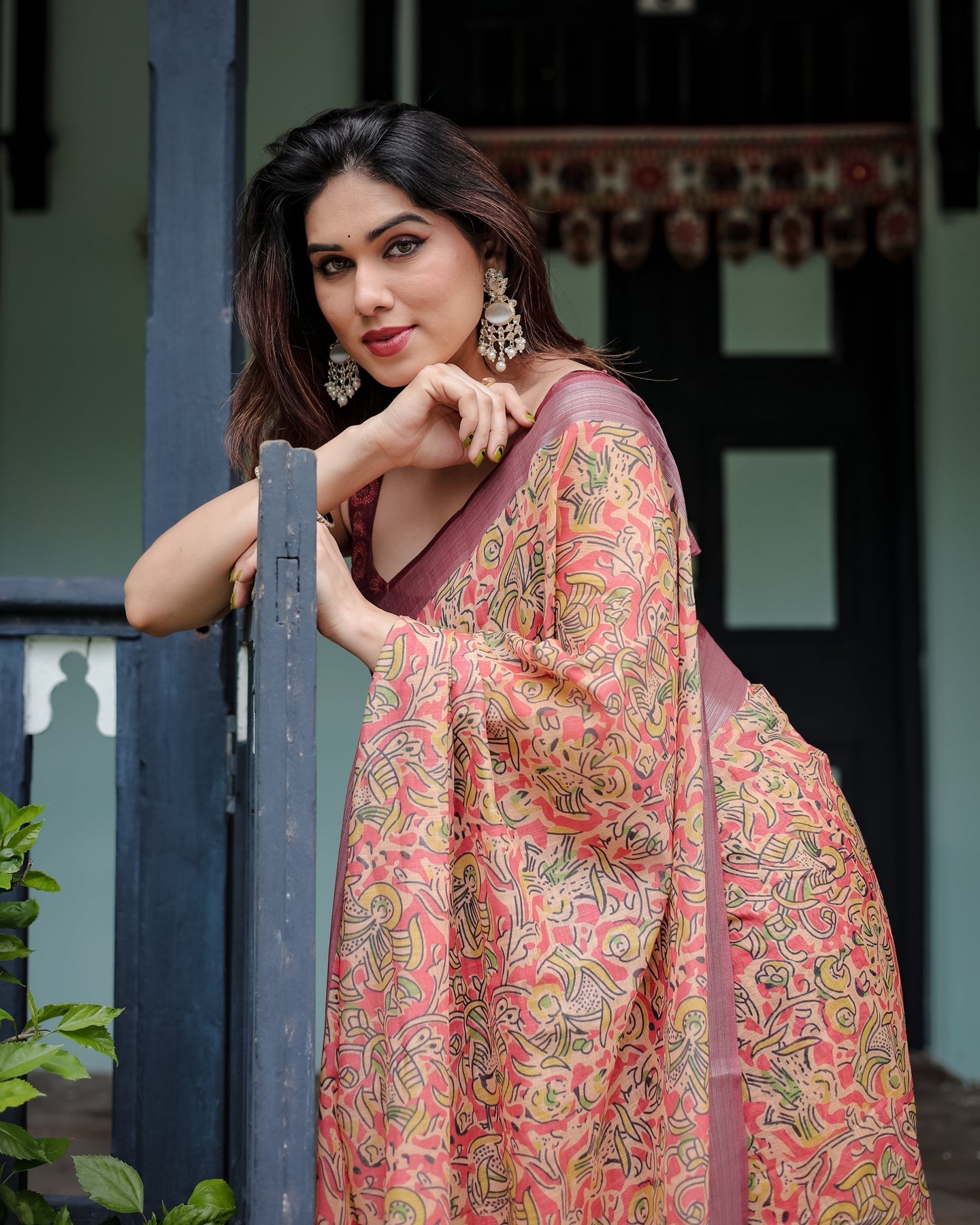 Luxury Warm Peach Floral Printed Linen Saree | Shaadigruh SD1019